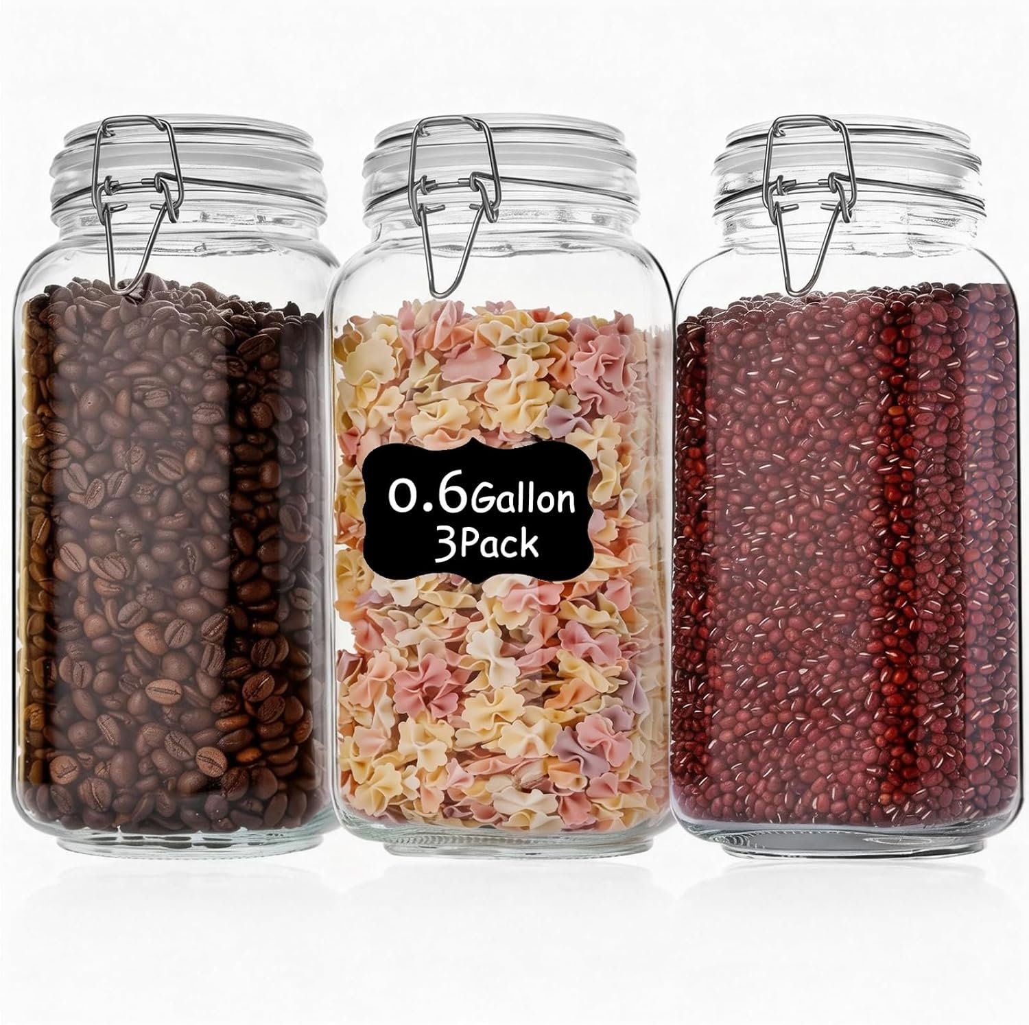 Liuruiyu 78oz Glass Food Storage Jars with Airtight Clamp Lids, 3 Pack Wide Mouth Large Kitchen Canisters for Flour, Cereal, Beans, Pasta and Canning, Square Mason Jar with Labels