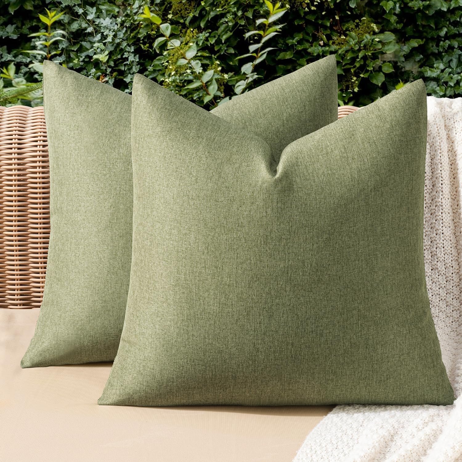 MIULEE Pack of 2 Decorative Outdoor Solid Waterproof Throw Pillow Covers Faux Linen Garden Farmhouse Cushion Cases for Patio Tent Balcony Couch Sofa 18×18 Inch Dark Green