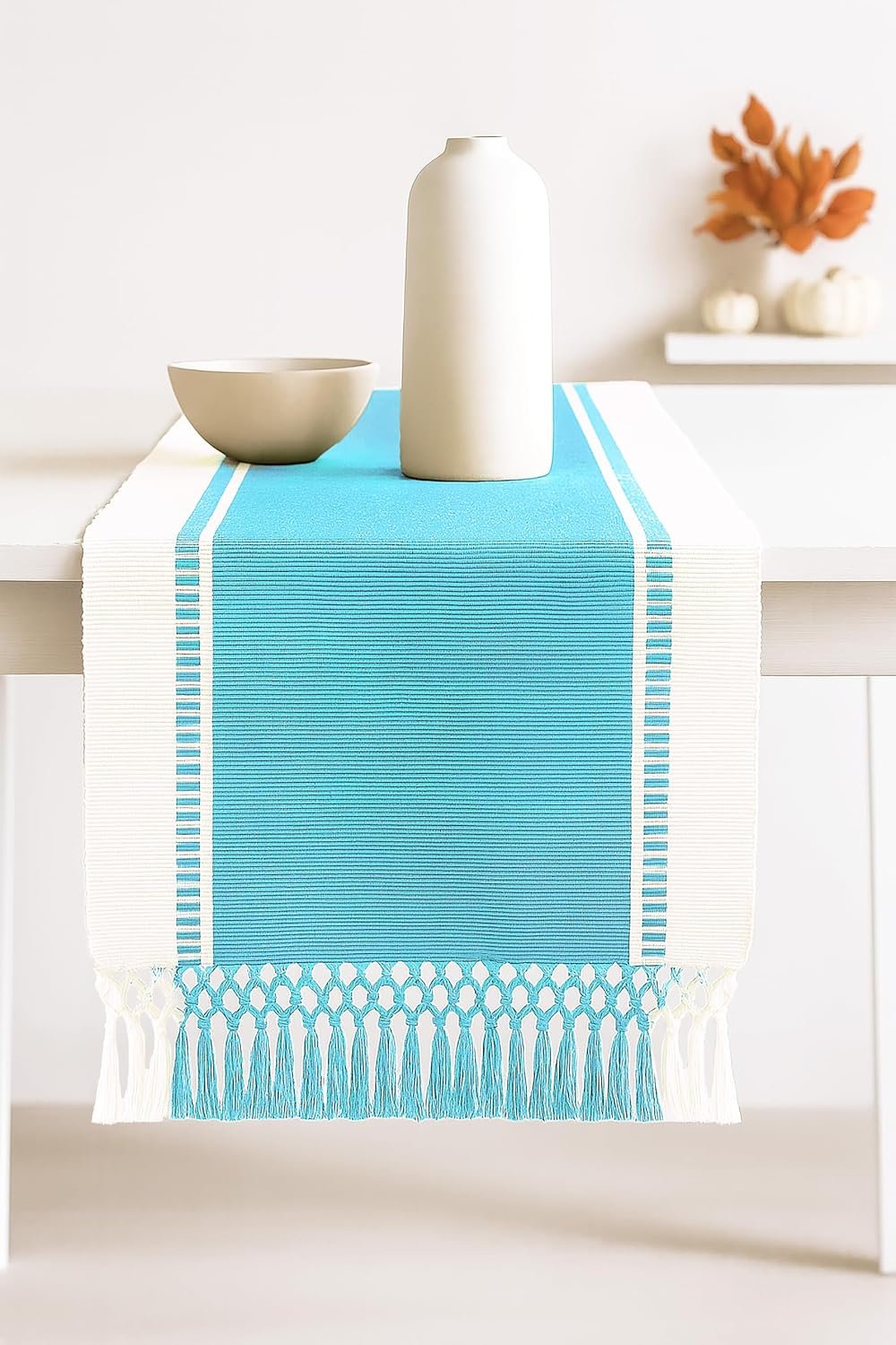 PurpleEssences Table Runner – Wide with Dobby Stripe, Heavy Ribbed Weave & Double Knot Fringes, 14×72 Inch (14×77.5 with Fringes) Farmhouse Decor Spring Easter Summer – Aqua Blue and H.White