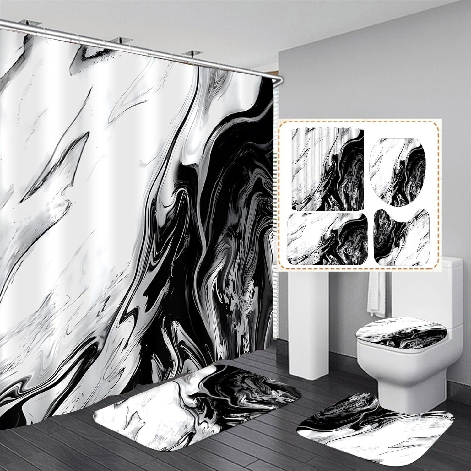 Nkzply 4 Pcs Black and White Shower Curtain Bathroom Sets with Shower Curtain and Rugs Marble Shower Curtain Set Bathroom Decor Accessories Bathroom Rugs Toilet Lid Cover Bath Mat and 12 Hooks