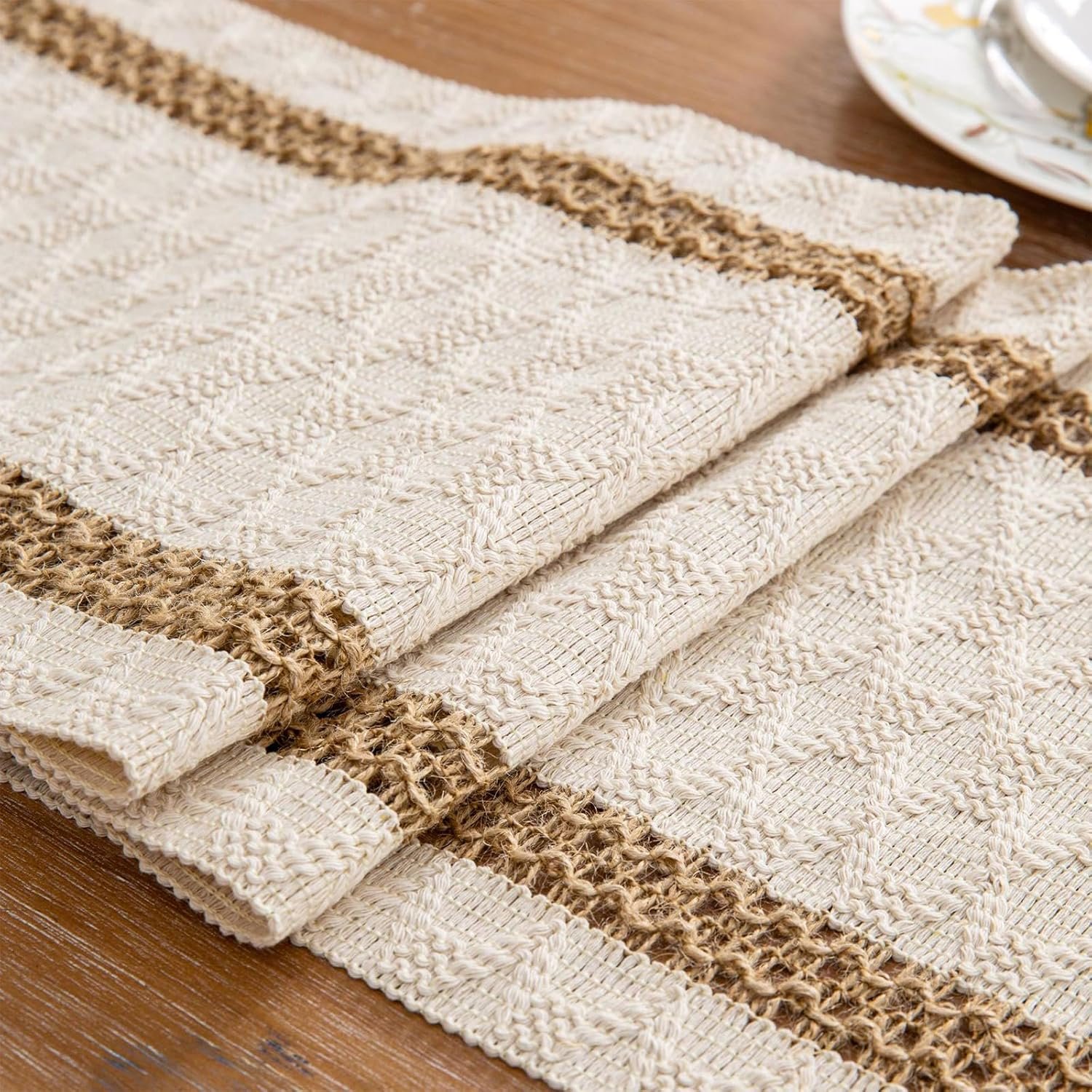 Niviy Boho Table Runner for Summer Home Decor 72 Inches Long Farmhouse Macrame Table Runner Cotton Linen Woven Table Runners for Fall Dining Table Decoration, Beige & Brown