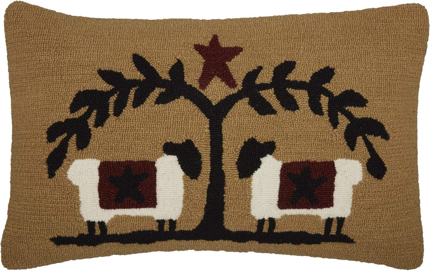 VHC Brands Heritage Farms Sheep and Star Hooked Graphic/Print Textured Wool Primitive Bedding Hand Sewn 22×14 Filled Pillow, 1 Count (Pack of 1), Mustard Tan