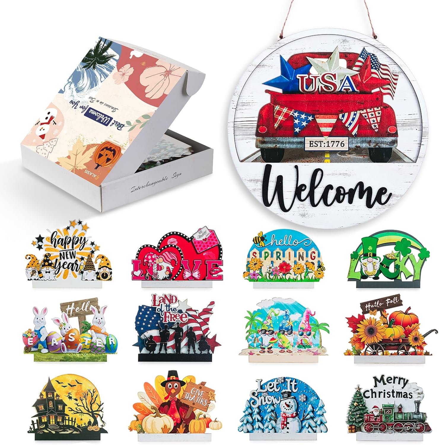 Welcome Sign for Front Door: 13pcs Interchangeable 4th of July Decorations for Outdoor Entrance -Housewarming Gifts for New Home Seasonal Wreaths Outdoor Holiday All Season Decorations