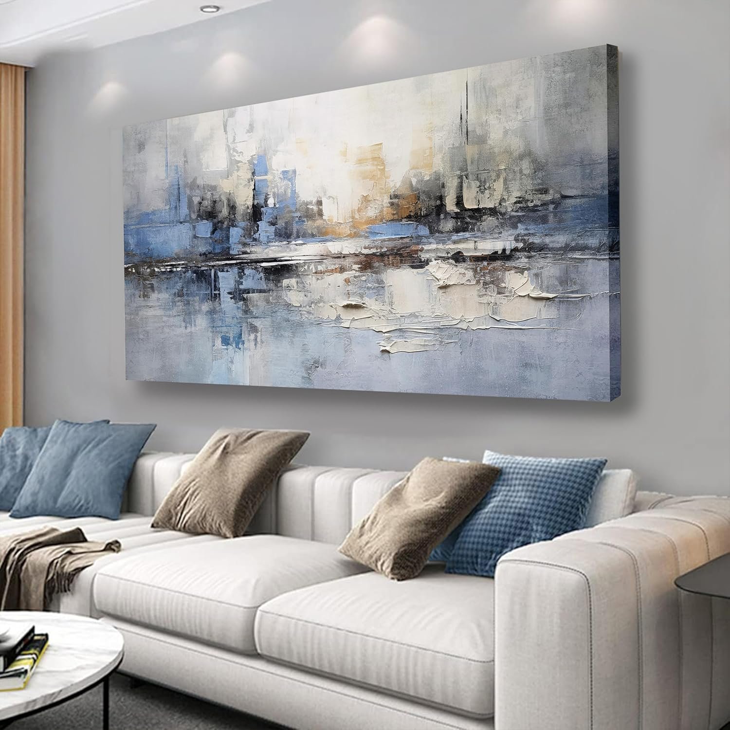 VHMING Abstract Wall Art Wall Decor Blue and Gray White Modern Canvas Wall Paintings Abstract Artwork for Living Room Bedroom Bathroom Office Home Decor Can Be Hung Directly 29″x 58″