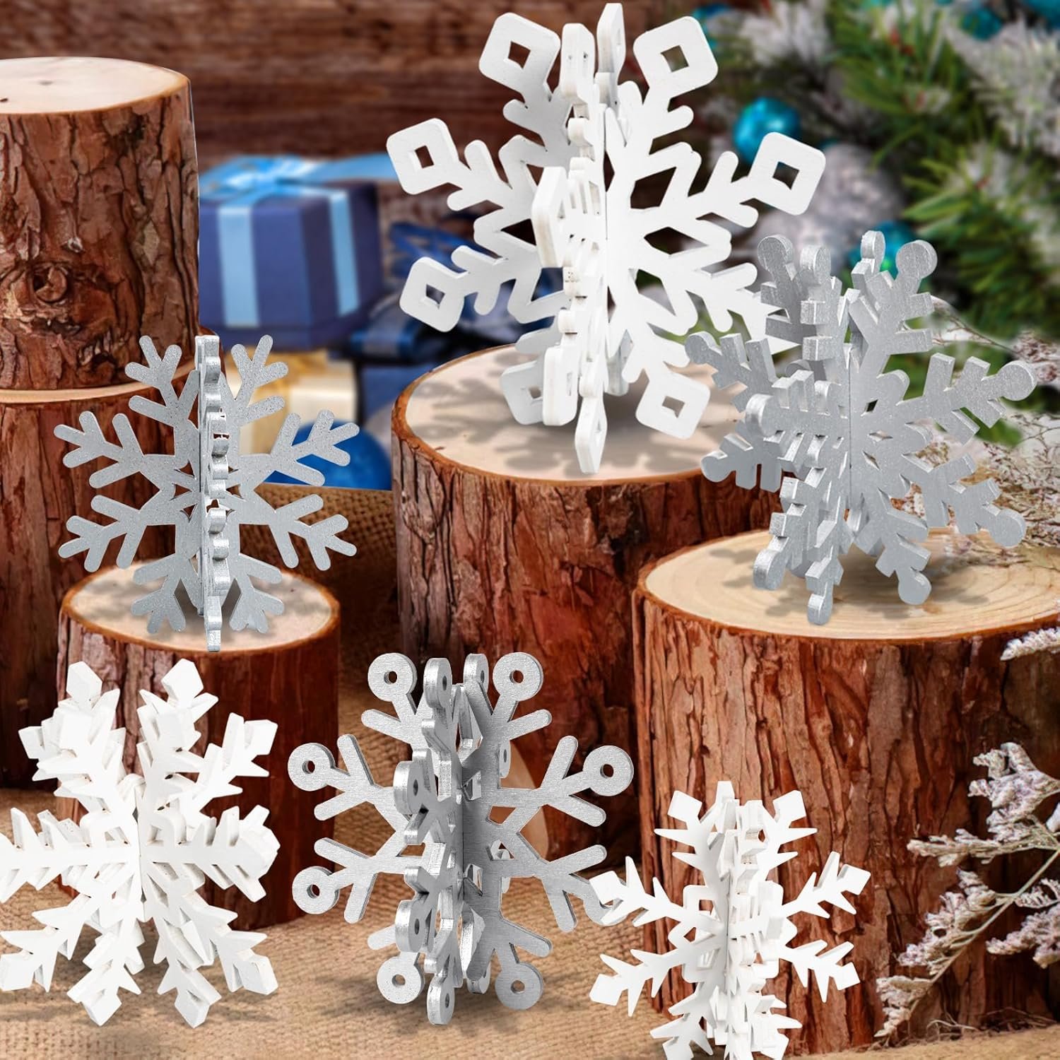 OuMuaMua 12 Set Winter Christmas Centerpiece Table Decorations – 24pcs Wooden Snowflakes Decor 3D Silver White Snowflake Tabletop Decor for Xmas Holiday Tiered Tray Winter Farmhouse Home Decor