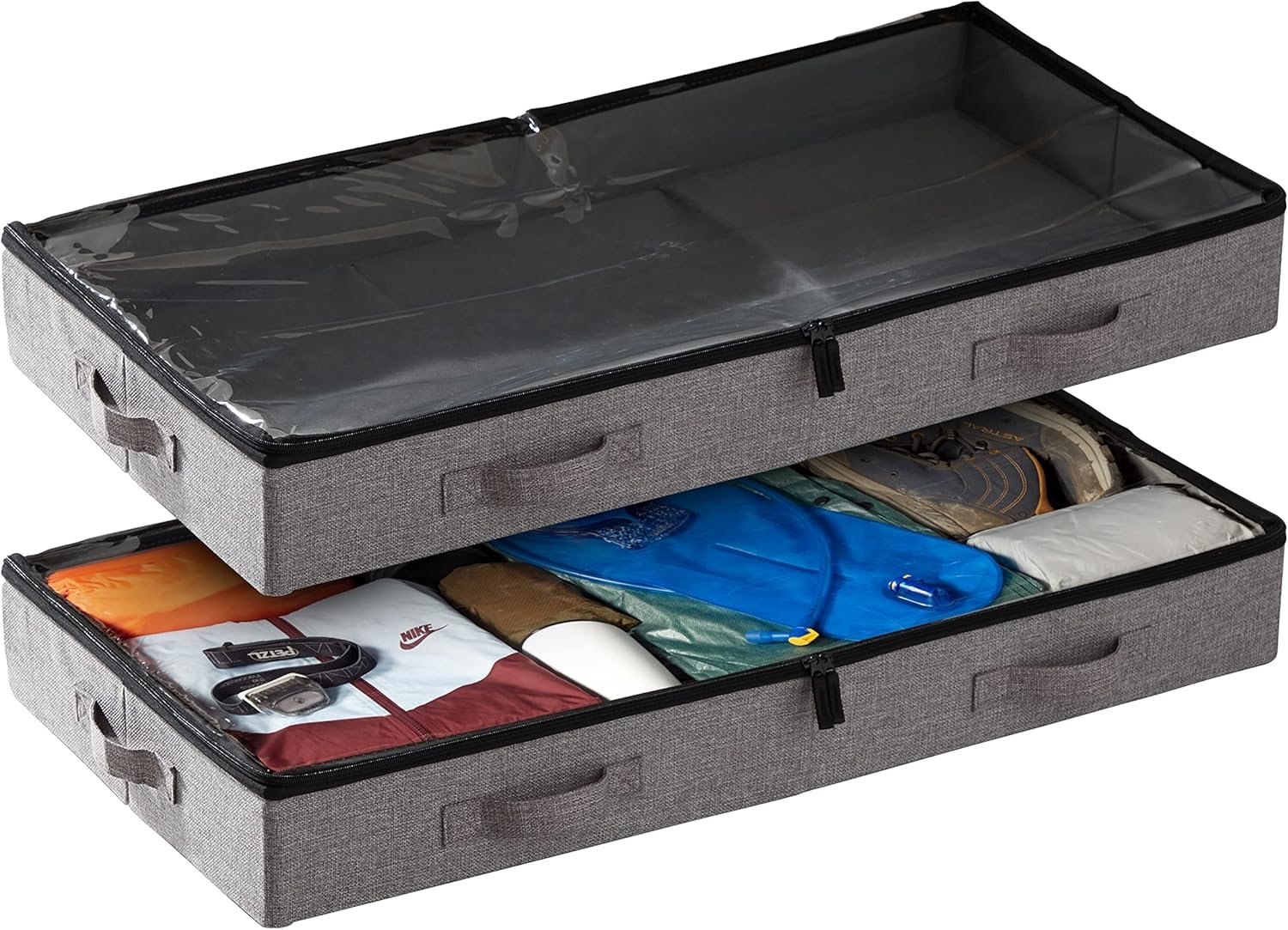 storageLAB Under Bed Storage Containers, Low Profile Underbed Organizers with Sturdy Handles, Dual Zippers, and Clear Windows, Ideal for Clothes, Pillows, and Blankets – 2 Pack, Low Profile, Gray