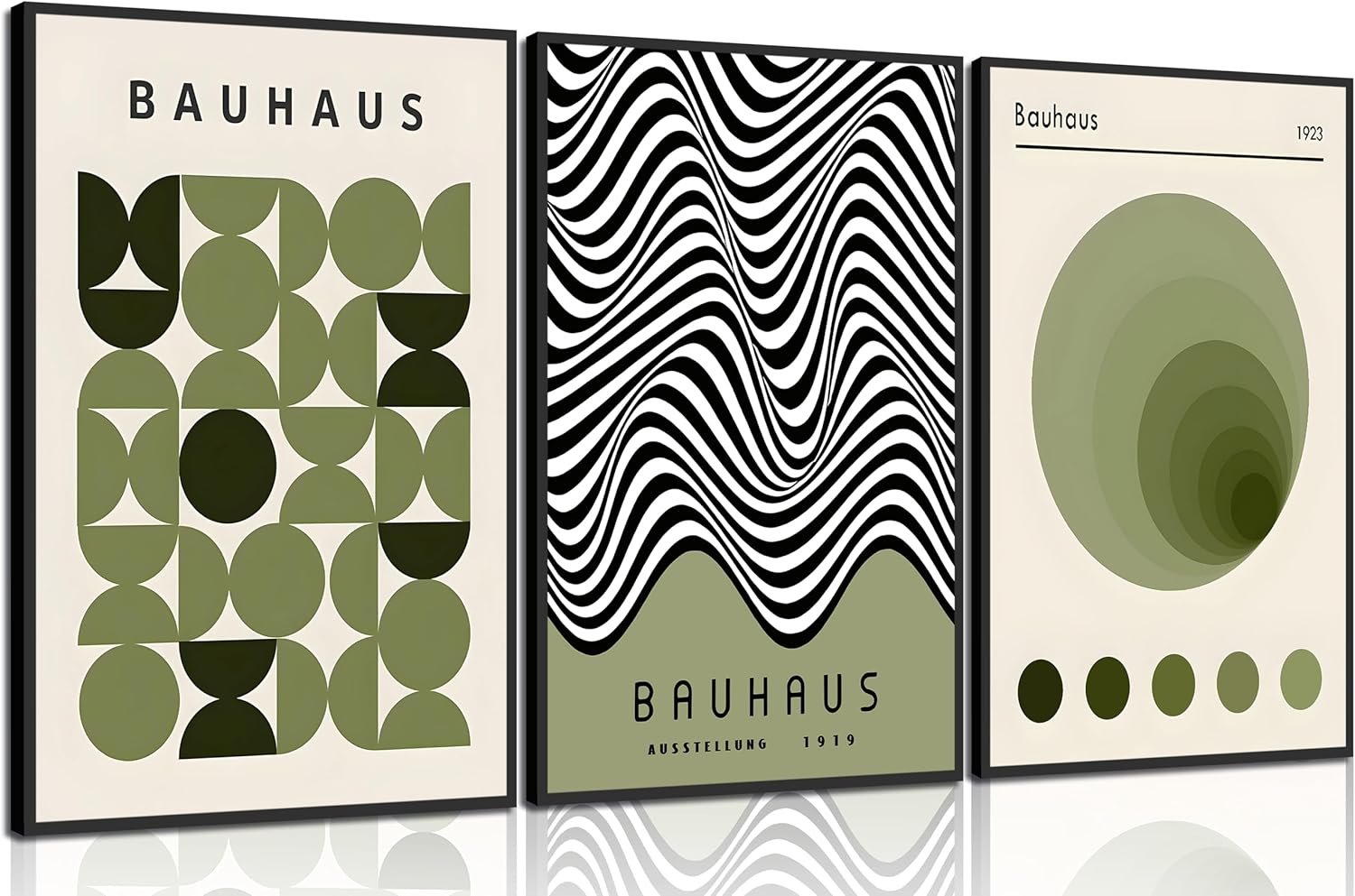 WSTUKVV 3Pcs Bauhaus Mid Century Modern Wall Art Bauhaus 1923 Posters Pictures Green Boho Abstract Geometric Canvas Prints Black Line Paintings for Living Room Bedroom Dining Room Wall Decor Unframed