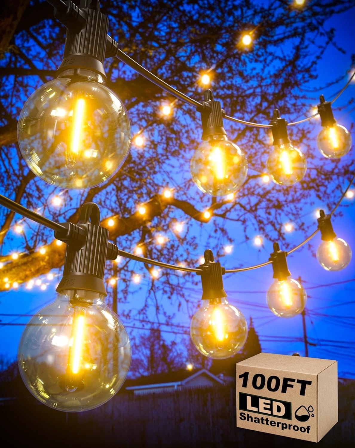 Zuske Outdoor String Lights Waterproof, 100FT LED Patio Lights with 53 Shatterproof G40 Globe Bulb(3 Spare), Connectable Dimmable Outside Hanging Lights for Backyard Porch Balcony Gazebo (2x50FT)