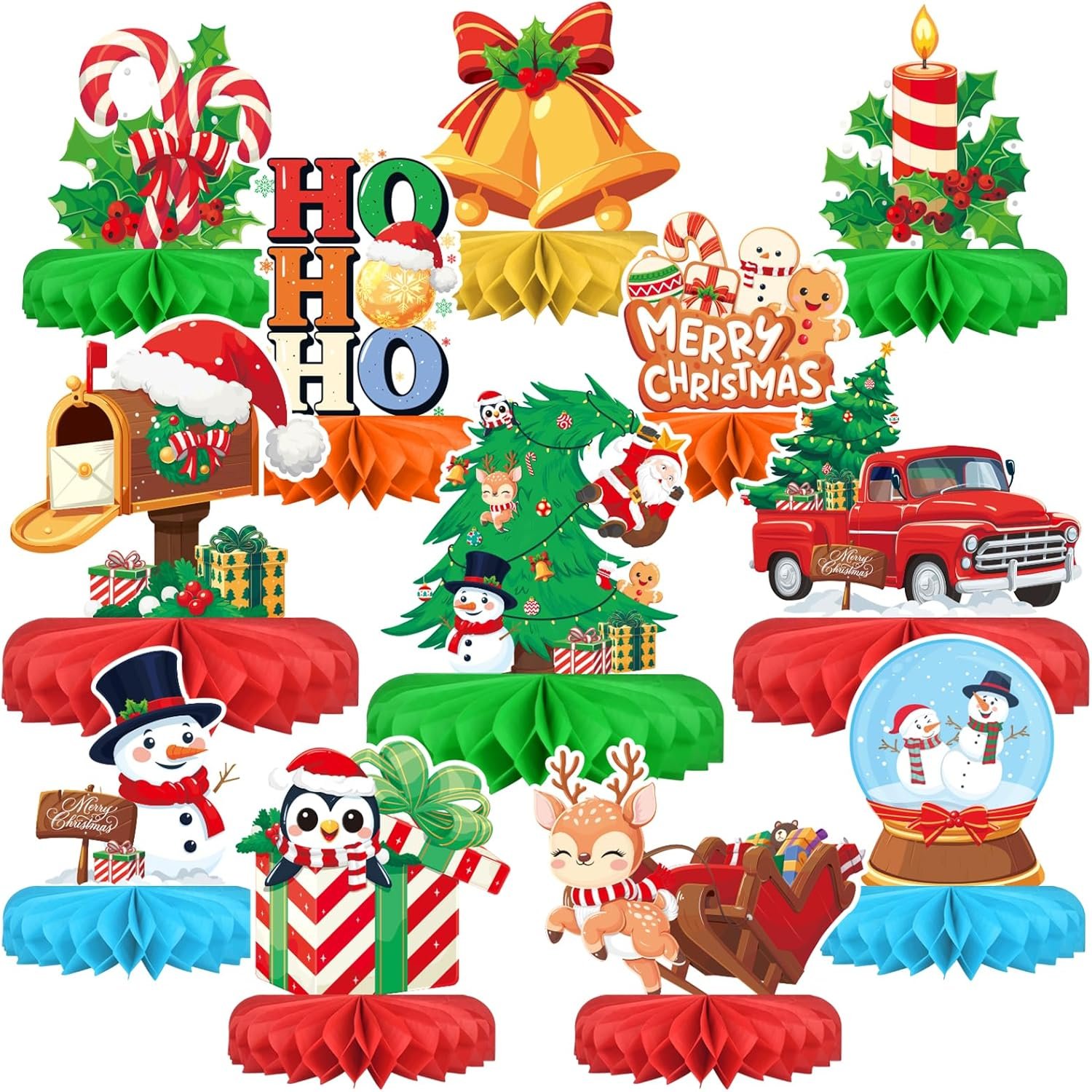 Christmas Party Decorations: Festive Christmas Honeycomb Centerpieces, Santa & Snowman Table Toppers – for Classroom, Winter Birthdays & Holiday Party Supplies