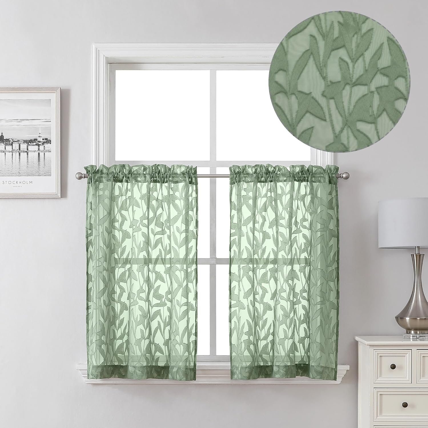 Lecloud Leia 36 Inch Sheer Curtains Sage Green Tiers for Kitchen 2 Pieces, Double Rod Pockets Window Living Room Curtain for Small Window, Jacquard Leaves Voile Bathroom/Bedroom Drapes, 38×36 Inches