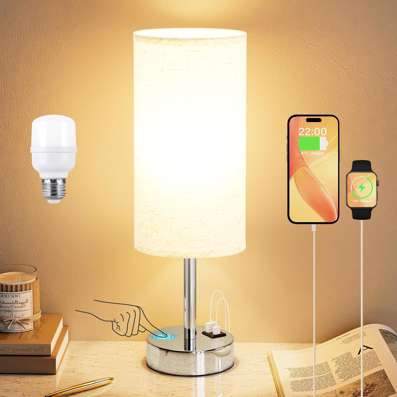 Dicoool Touch Table Lamp for Bedroom, 3 Way Dimmable Bedside Lamp with USB C & A Charging Ports – Small Desk Lamp for Dorm Room, College, Kids, Office, Living Room, White