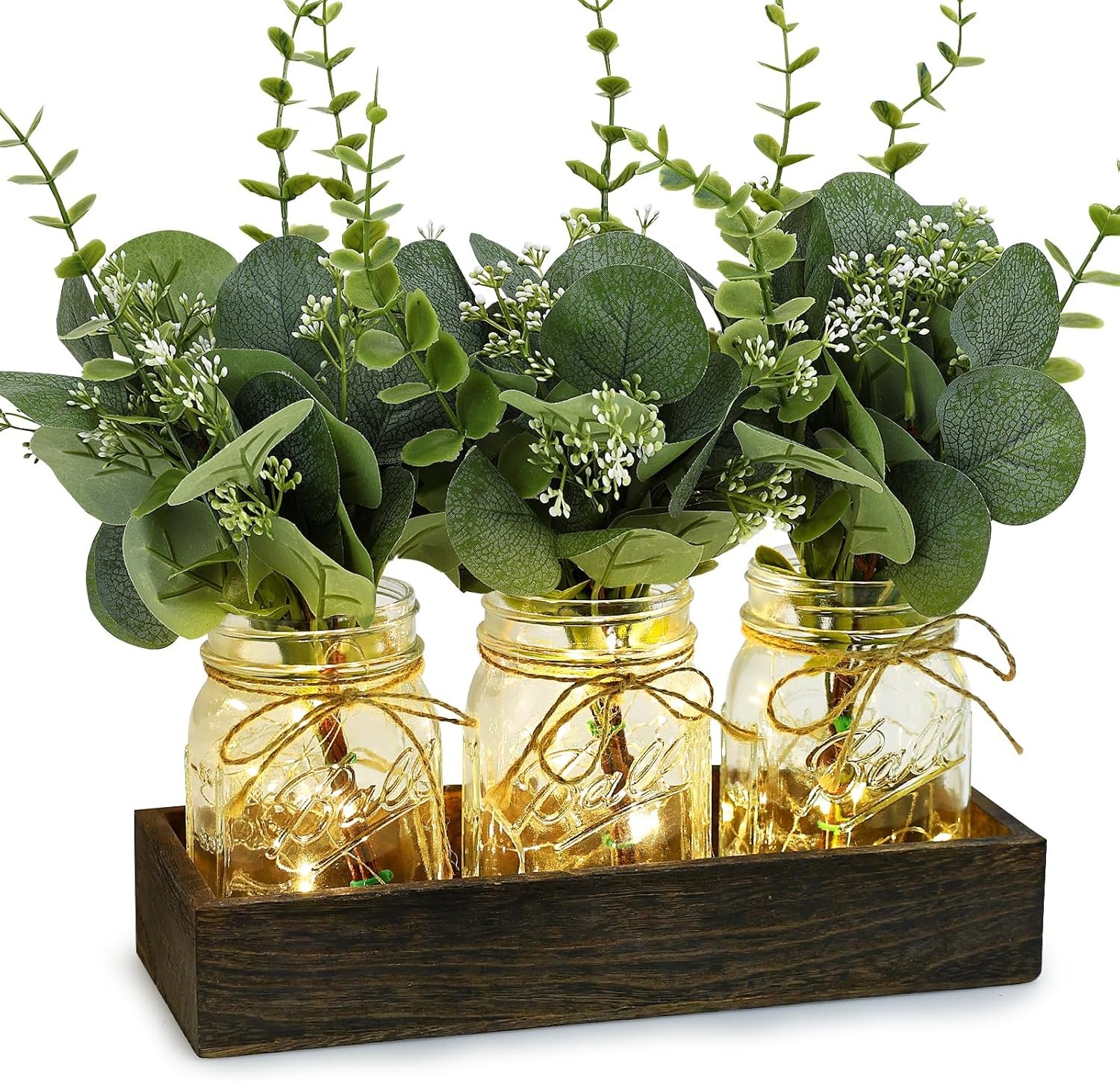 Mason Jar Table Centerpieces for Dining Room, Eucalyptus Plant Decorative Jars Decor with Wood Tray Fairy Lights for Living Room Kitchen Coffee Table Shelf – Green Eucalyptus