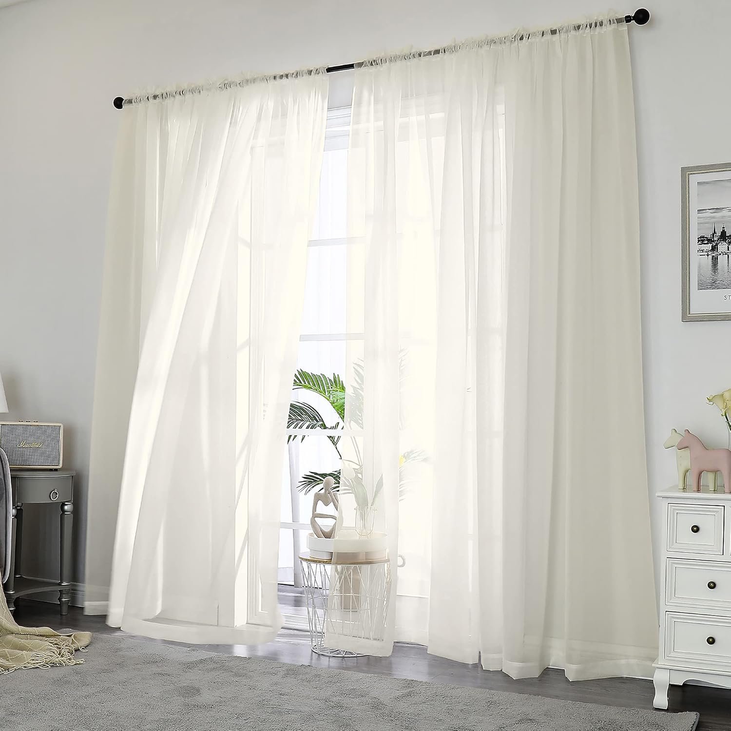 OWENIE Sheer Curtains 84 inch Length, Ivory Sheer Cutains 2 Panels Set for Bedroom/Living Room, Rod Pocket Voile Fimly Drapes, 2pcs, Each 42″ W x 84″ L