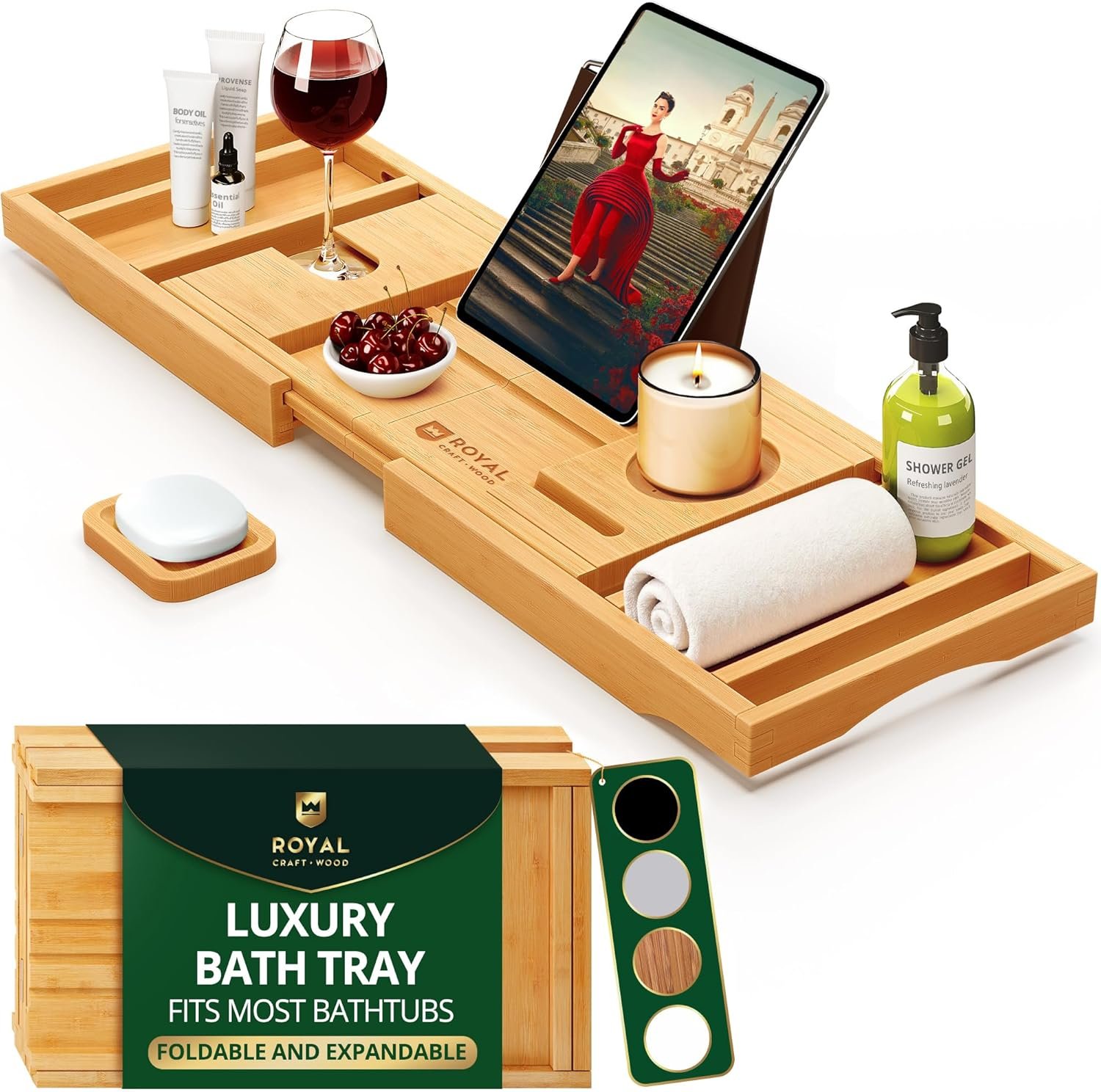 ROYAL CRAFT WOOD Premium Foldable Bathtub Tray Caddy – Wood Bath Tray for Tub, Bamboo Shelf, Expandable Bath Table Trays, Bathtub & Bathroom Accessories for New Home & Mothers, Birthday Gifts for Mom