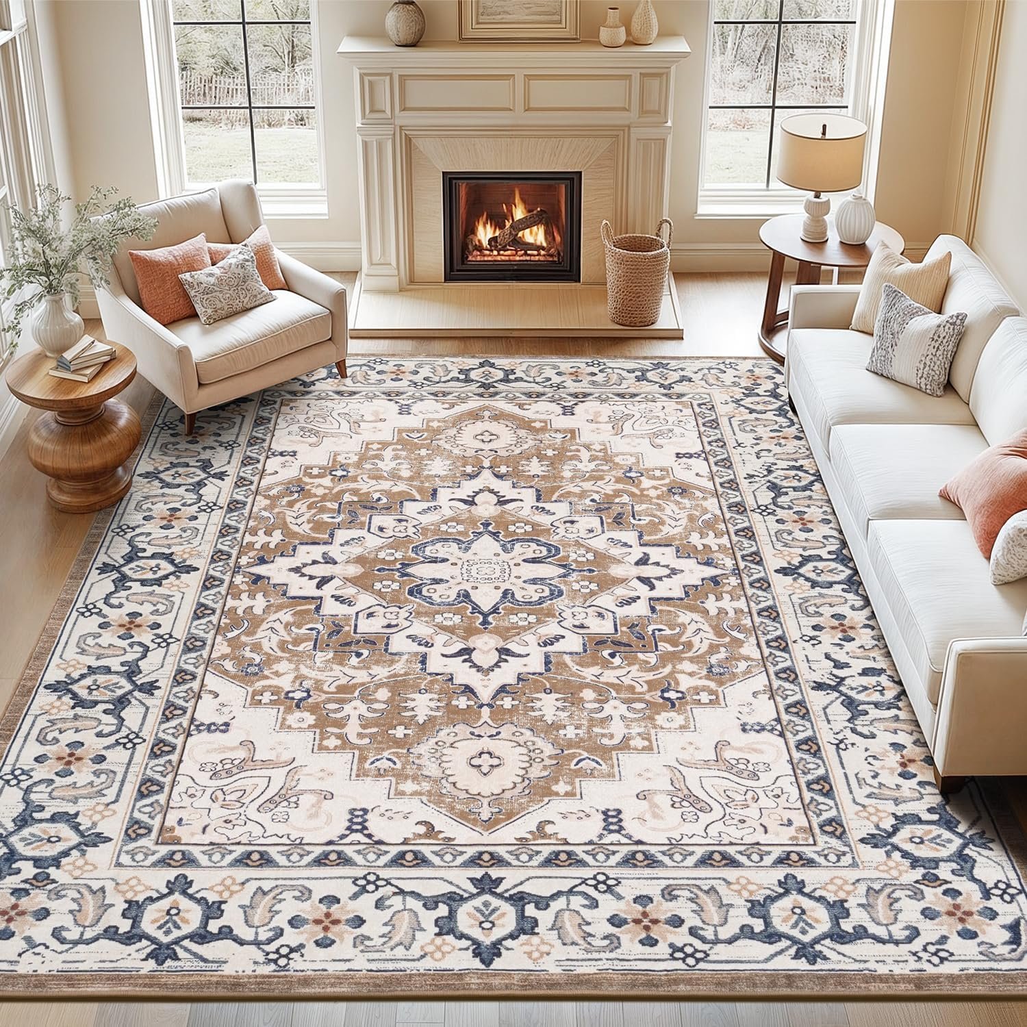 Lofus 8×10 Area Rugs for Living Room, Washable Area Rug, Rugs for Bedroom, Kitchen, Vintage Boho Carpet, Soft Non-Slip, Low Pile Large Area Rug for Office Dining Room, Floral Brown
