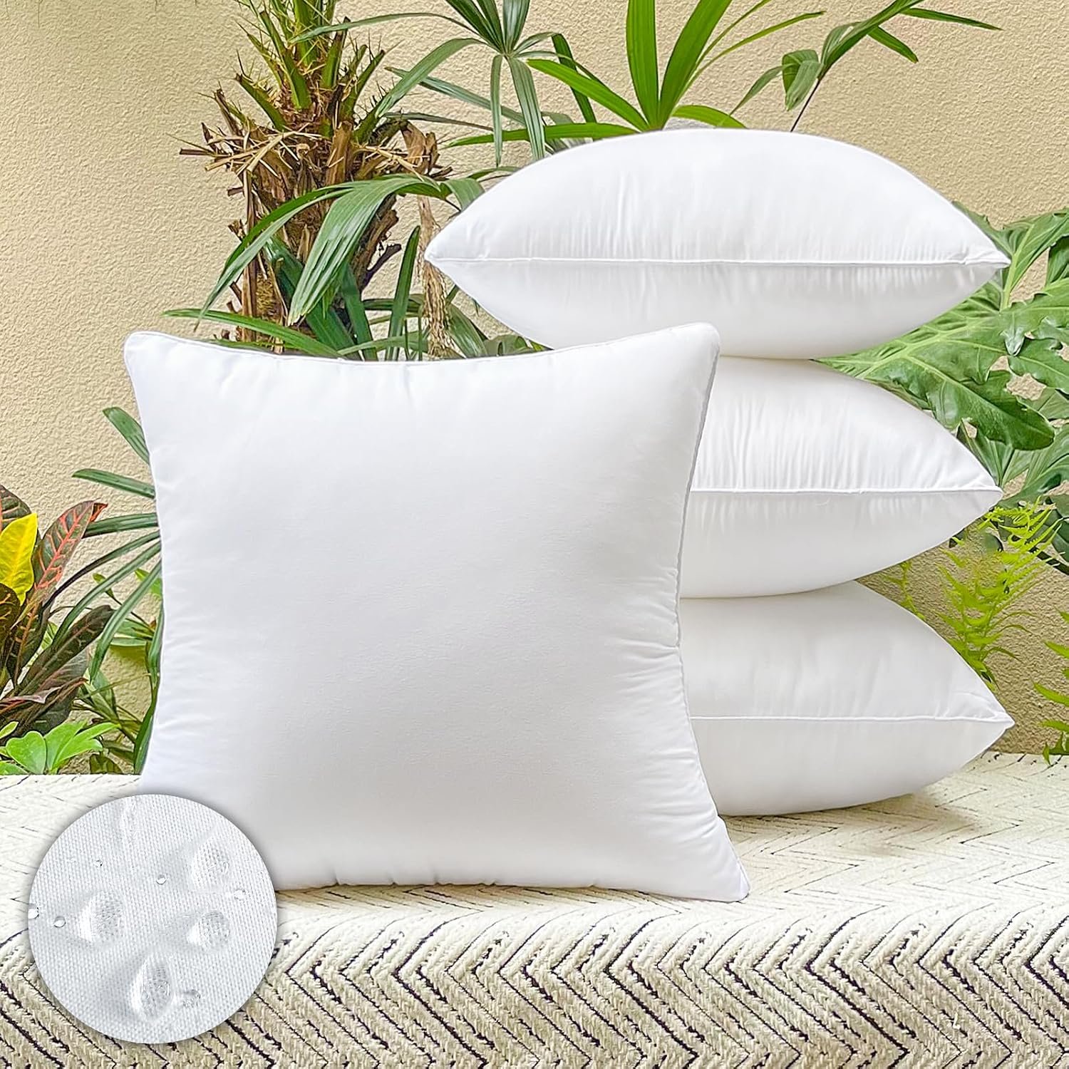 4 Pack 16×16 inch Square Pillow Inserts – Waterproof Outdoor Cushion Stuffers for Patio Furniture, Sofa, Couch, Balcony & Garden – Replacement Cushion Pads (White)