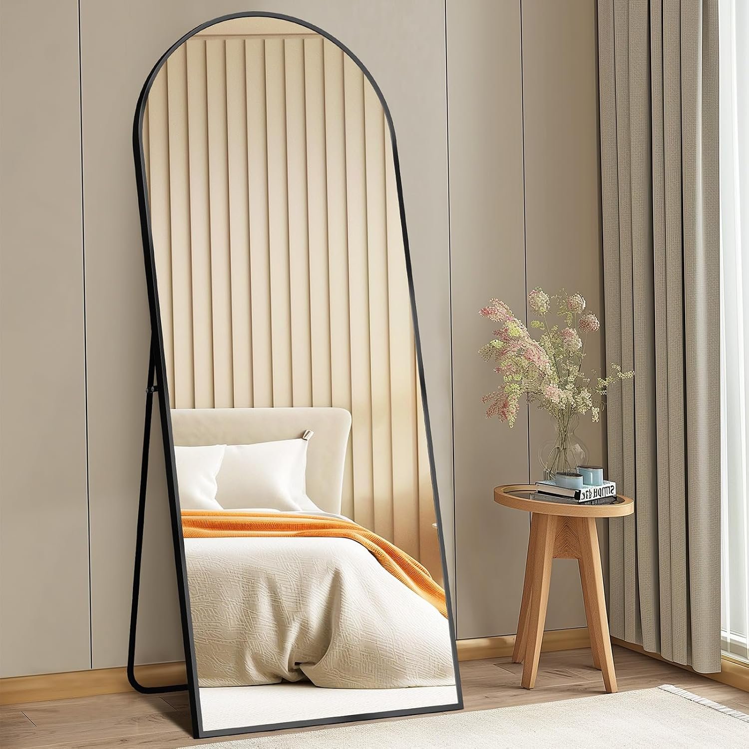 DUMOS 58″x19″ Arched Full Length Mirror with Stand, Floor Standing Aluminum Frame, Shatter-Proof Nano Glass for Bedroom, Living Room, Cloakroom – Modern Simple Home Decor,Hanging or Leaning,Black