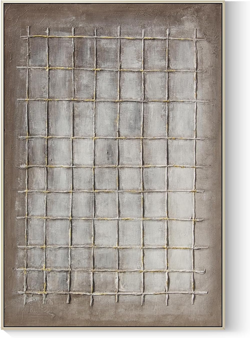 GeekMacro Abstract Textured Wall Art Hand Painted Brown Canvas Checked Oil Painting 46×31 Contemporary Minimalist Framed Large Artwork Vertical Wall Decor