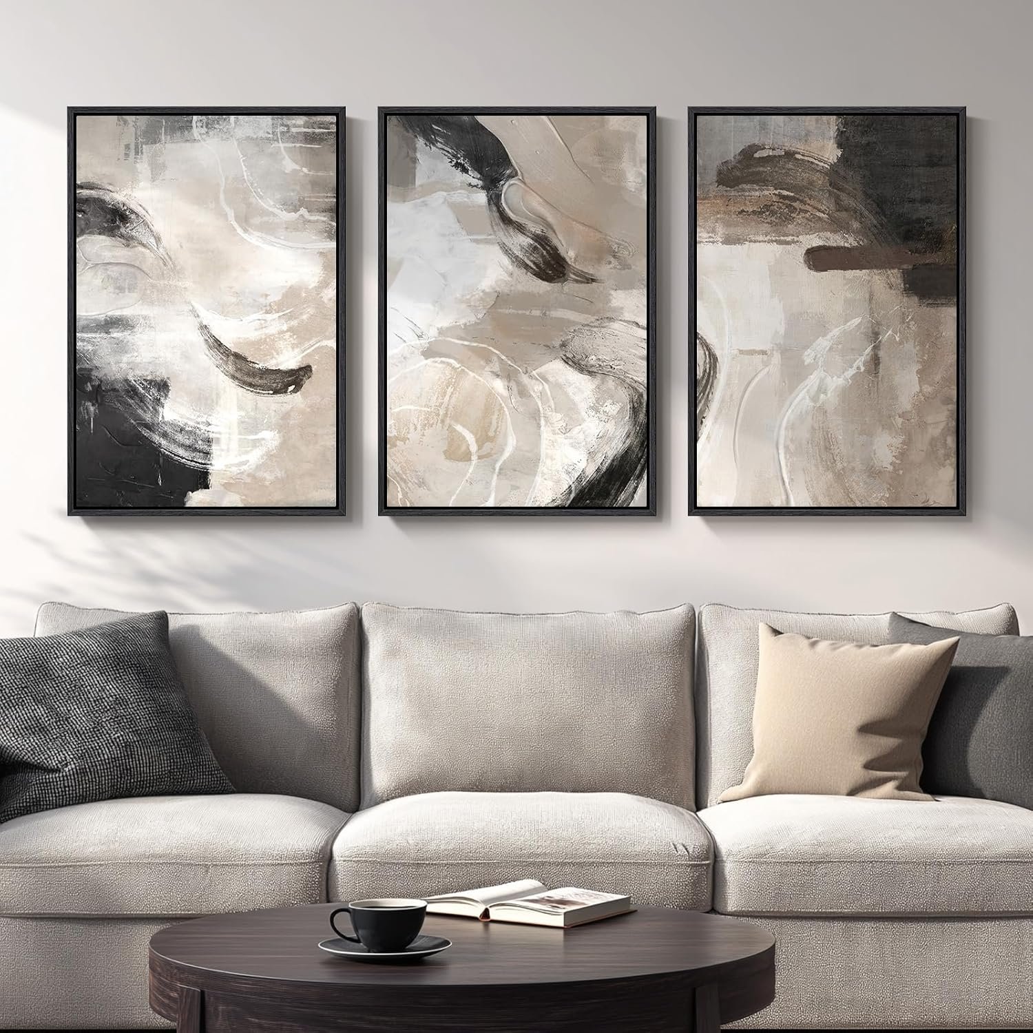 Large Framed Neutral Abstract Wall Art, 3 Piece Modern Minimalist Canvas Prints Paintings Artwork for Walls, Black Beige Brown Neutral Tone Pictures for Living Room Hallway Dining Wall Decor 20×30 In