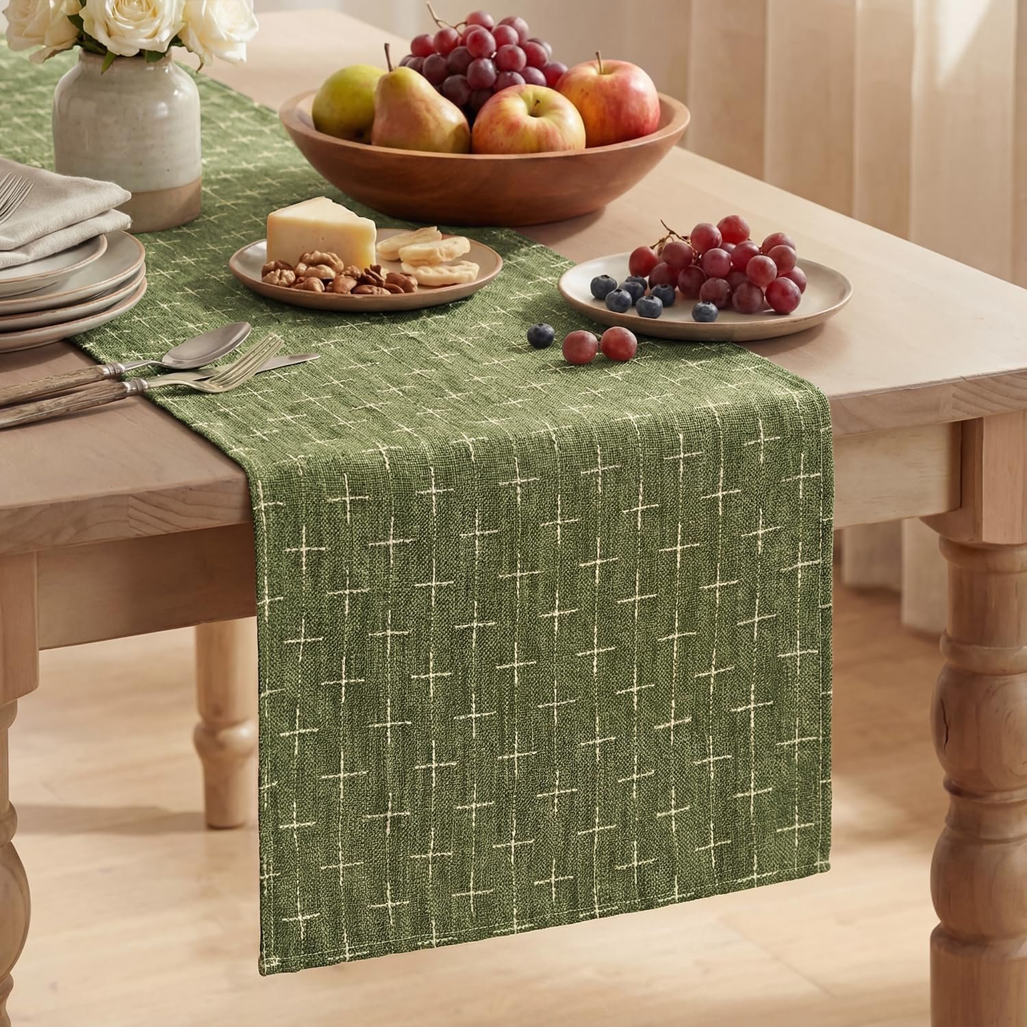 Artoid Mode Olive Green Cross-Star Textured Table Runner, Seasonal Waterproof Rustic Kitchen Dining Table Decoration for Home Party Decor 13×72 Inch