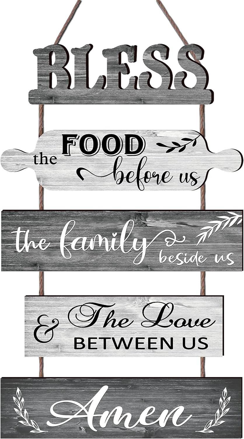 Buecasa Bless the Food Before Us Farmhouse Kitchen Wall Decor – Dining Room Decorations Collage Art in White Grey Color – Wooden Rustic 5pcs Roped Sign 13×24 Inches Vertical