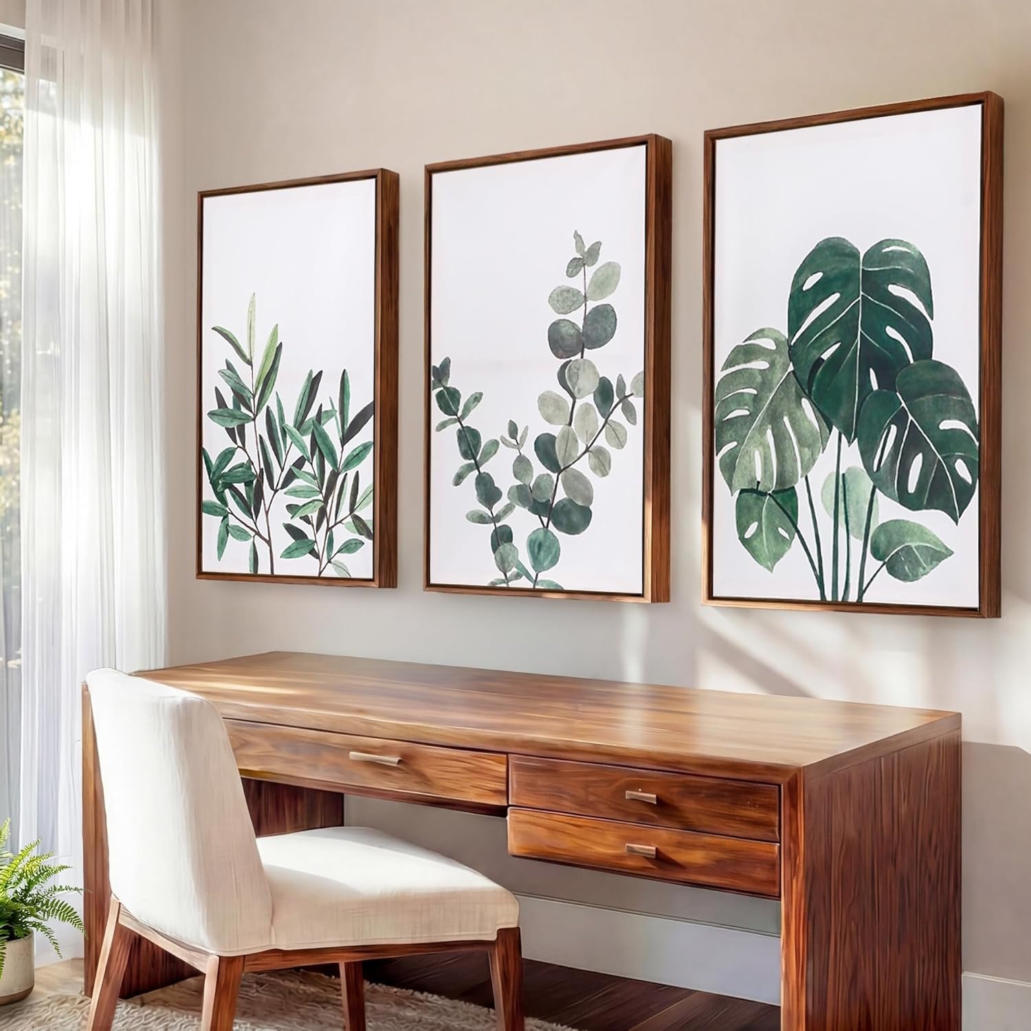 16×24 Large Wall Art Set of 3 with 1.38″ Deep Floating Frame – Sage Green Framed Canvas Plant Wall Art for Living Room, Vintage Botanical Leaf Prints, Modern Nature Watercolor Pictures