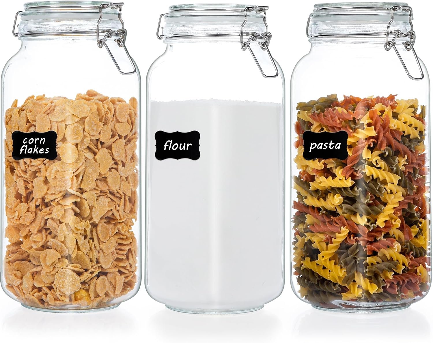 Vtopmart 78oz Glass Food Storage Jars with Airtight Clamp Lids, 3 Pack Large Kitchen Canisters for Flour, Cereal, Coffee, Pasta and Canning, Square Mason Jar with 8 Chalkboard Labels
