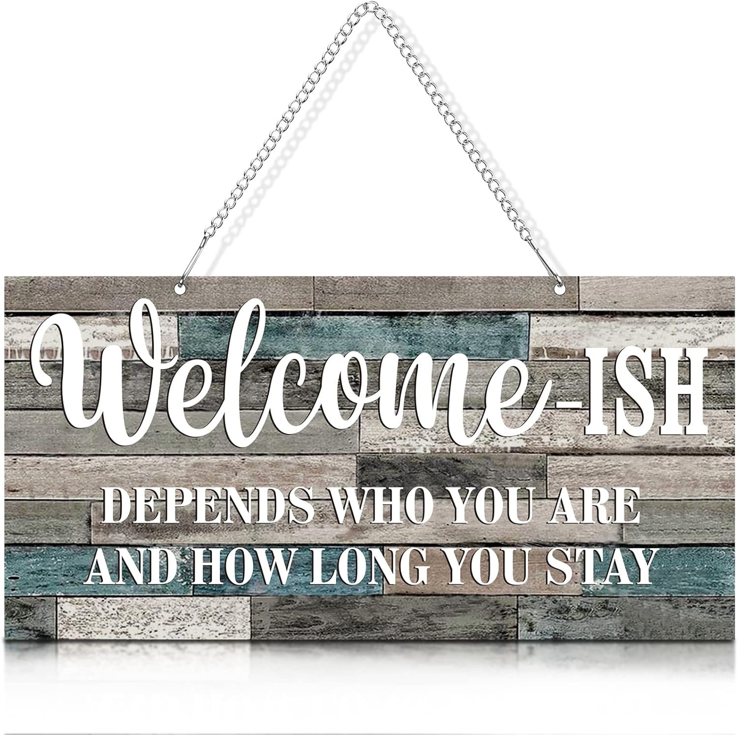 Hotop Funny Welcome Front Door Sign Welcome-ish Hanging Sign 12 x 6 Inch, Rustic Wall Farmhouse Door Decor for Home Porch Entryway Decor(White Words with Light Blue and Grey Base)