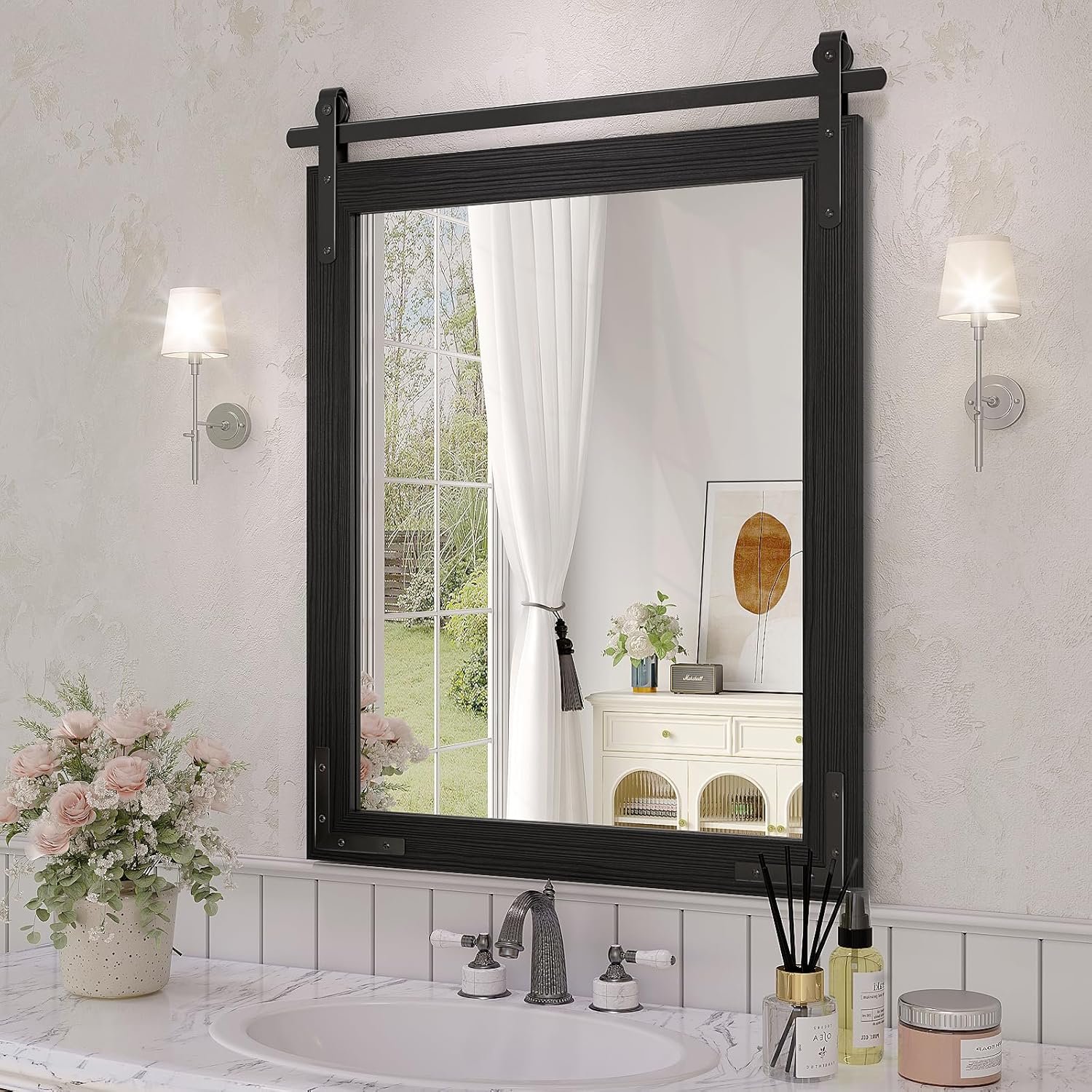 Black Farmhouse Mirror for Wall, 22×30 Inch Wood Framed Rectangle Bathroom Vanity Mirror, Barn Door Mirrors Decor Mirror for Living Room Bedroom Entryway