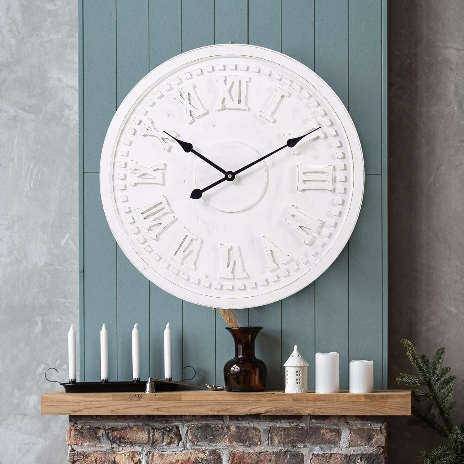 Vintage Wall Clock with Roman Numerals – 24″, 30″, 36″ – Quartz Movement, Black Hands, Distressed Finish, MDF Wood Veneer – Elegant Home Decor