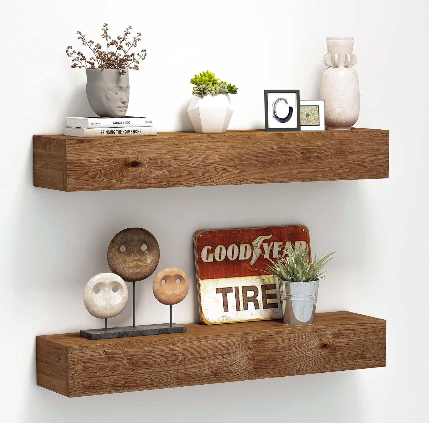 Wall Floating Shelves, Rustic Wood Wall Shelf Handmade (Light Walnut, 24 Inch – 2 Pack)