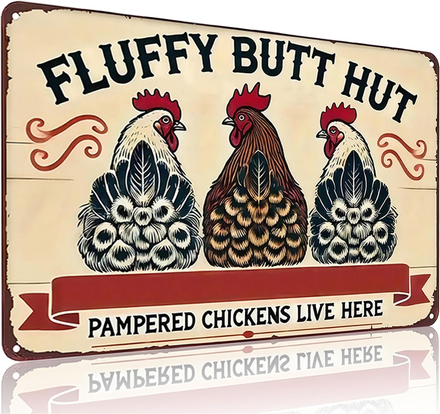 Funnysign Vintage Fluffy Butt Hut Pampered Chickens Live Here Chicken Tin Sign for Chicken Coop Farm Kitchen Garden Yard Decor 8×12 inch (3940)