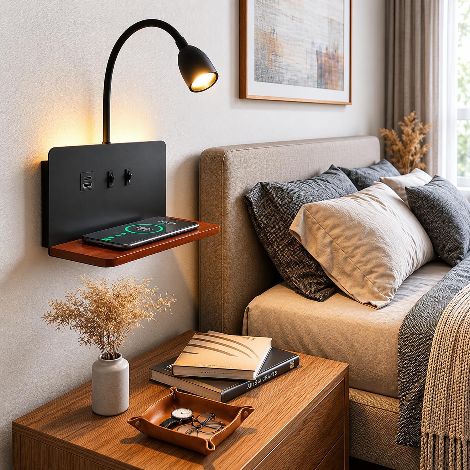 Bedside Wall Sconces with Wireless Charging Station & USB Charging, 3 Adjustable Color Temperatures LED Reading Light, 3000K Warm Ambient lighting Wall Mounted Sconce for Bedroom, Plug-in or Hardwired