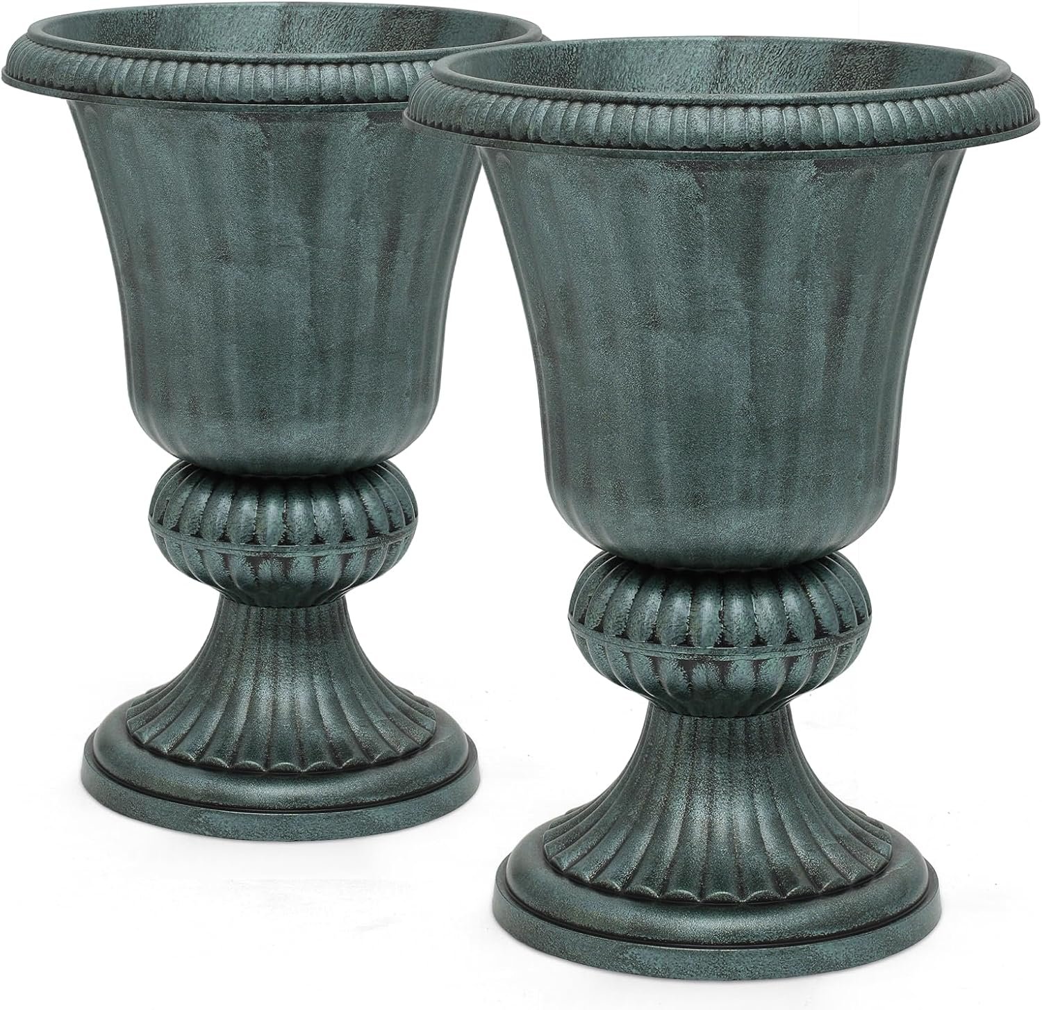 Magshion 20″ Urn Planters for Outdoor Plants, Large Decorative Front Porch Planters Set of 2, Weatherproof Tall Plastic Flower Pots for Garden, Patio & Entryway Décor, Antique Green