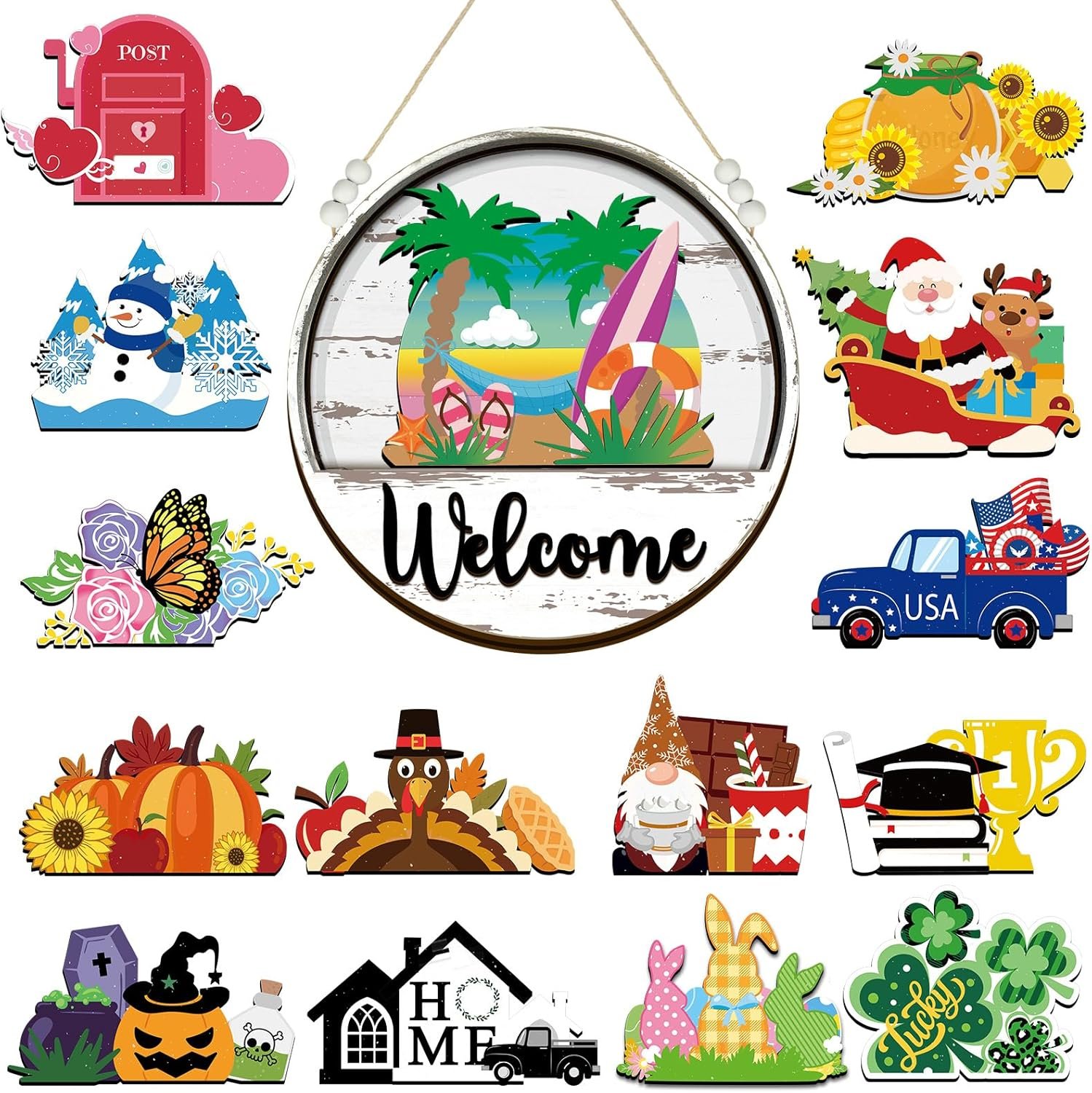 Sintuff 16 Pcs 12 Inch Interchangeable Welcome Sign for Front Door Wood Seasonal Magnetic Icon Holiday Wreath Decor Rustic Hanging Sign for Patriotic Summer Home Warming Gift(Black Word, White Back)