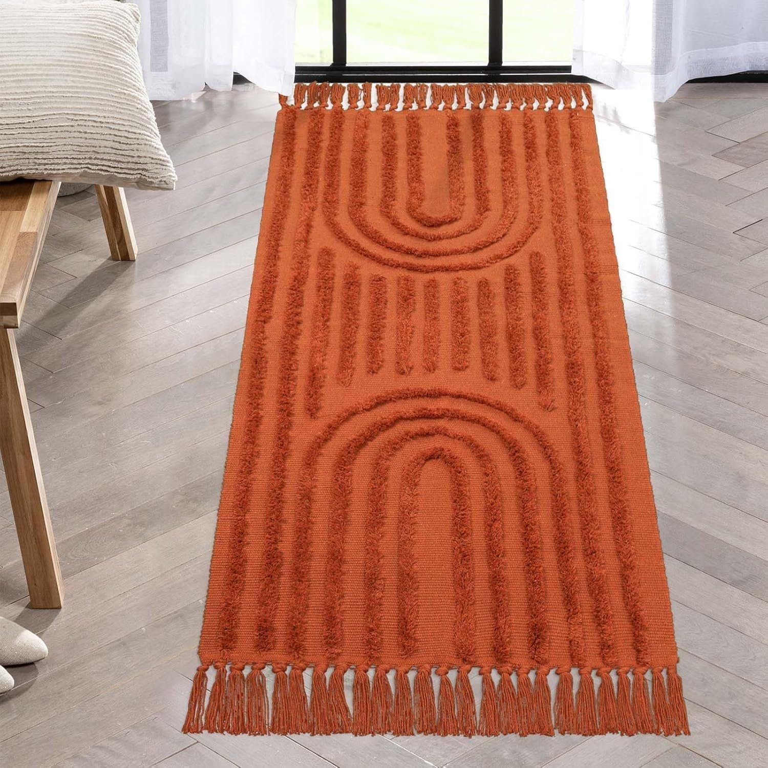 LEEVAN Washable Kitchen Rug 2’x4.3′, Boho Hand-Woven Entryway Rug, Terracotta Rainbow Bedroom Rug with Tassels, Farmhouse Tufted Bathroom Rugs, Bohemian Rugs for Bedside/Laundry/Nursery