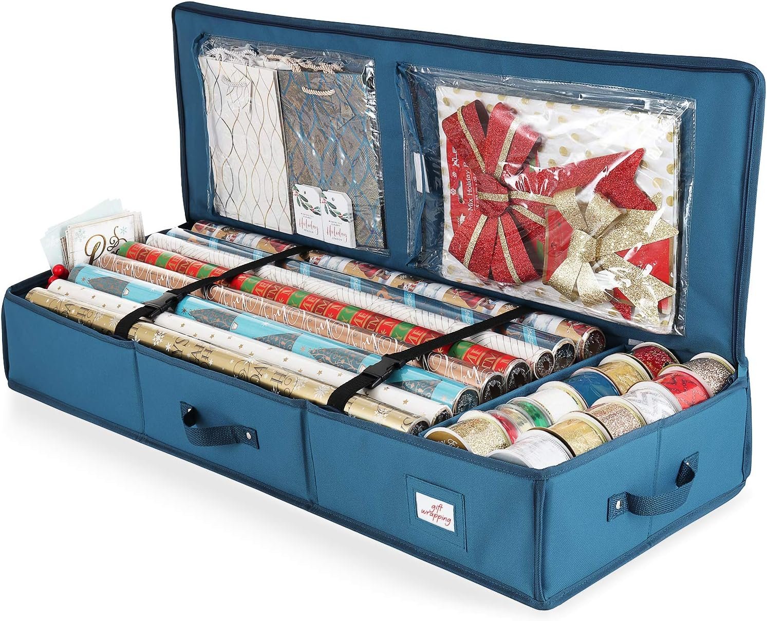 Hearth & Harbor Wrapping Paper Storage Container – Christmas Storage Bag with Interior Pockets – Gift Wrap Organizer Fits Up to 22 Rolls of 40″ – Tear Proof, Blue