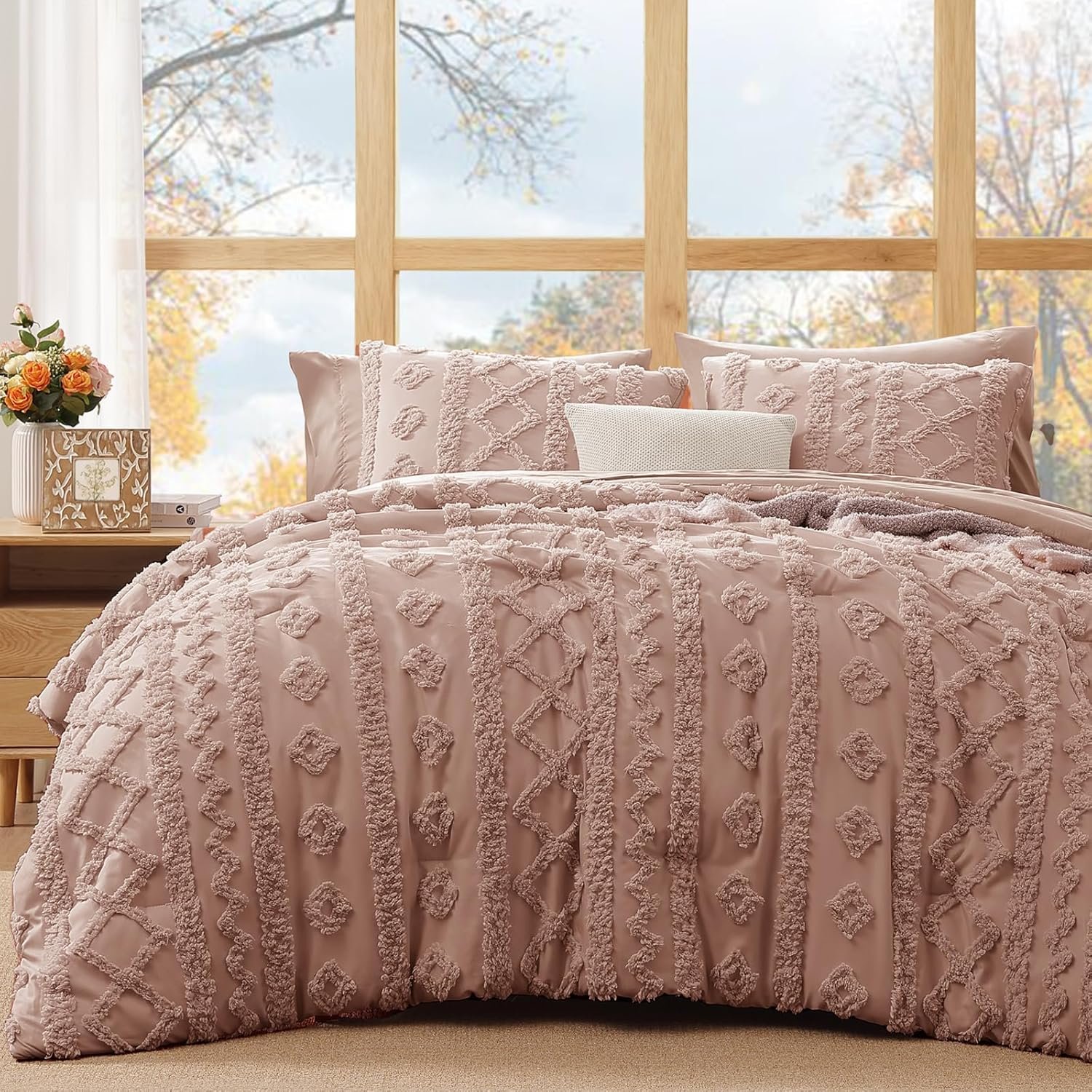 WRENSONGE Queen Comforter Set with Sheets – 7 Pieces Rusty Pink Tufted Bed in a Bag Queen Shabby Chic Bedding Sets with 1 Comforter, 2 Sheets, 2 Pillowcases & 2 Shams