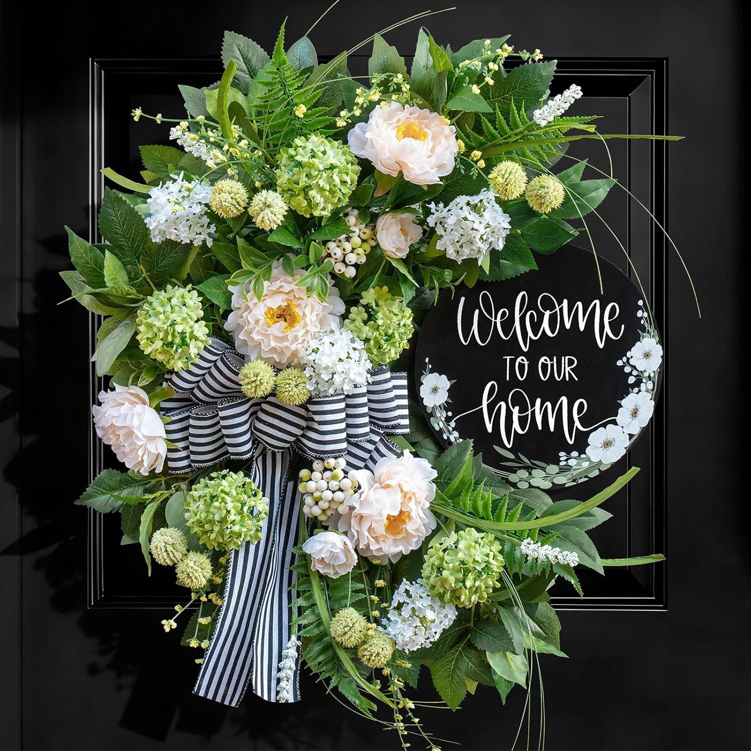 Spring Summer Wreaths for Front Door, Half Circle Summer Wreath with Hydrangea & Peony, Striped Bow & Welcome Sign – 24 Inch Indoor/Outdoor Seasonal, Housewarming & Festive Spring Door Wreath Decor