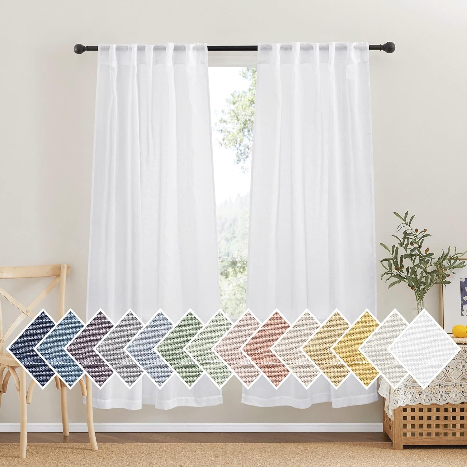NICETOWN White Sheer Linen Curtains 72 inch Length 2 Panels, Rod Pocket & Back Tab Semi Sheer Light Filtering Linen Blend Window Drapes Privacy for Bedroom/Farmhouse, W42 x L72