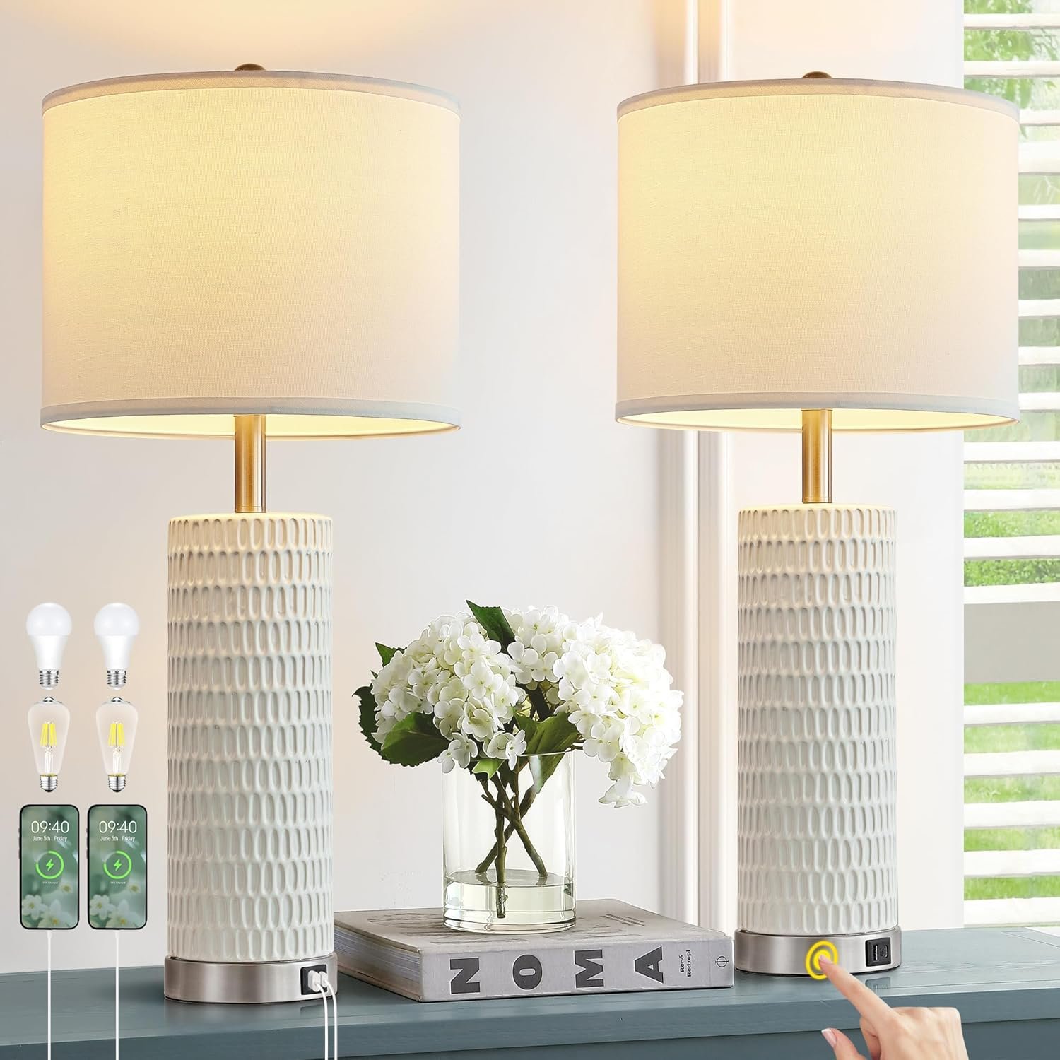 Reaketon 26.5″ Ceramic Table Lamp Set of 2, 3 Way Dimmable Touch Control Table Lamp with 2 USB Charging Ports for Bedroom Living Room, Modern Nightstand Lamp End Table Lamps, Bulbs Included