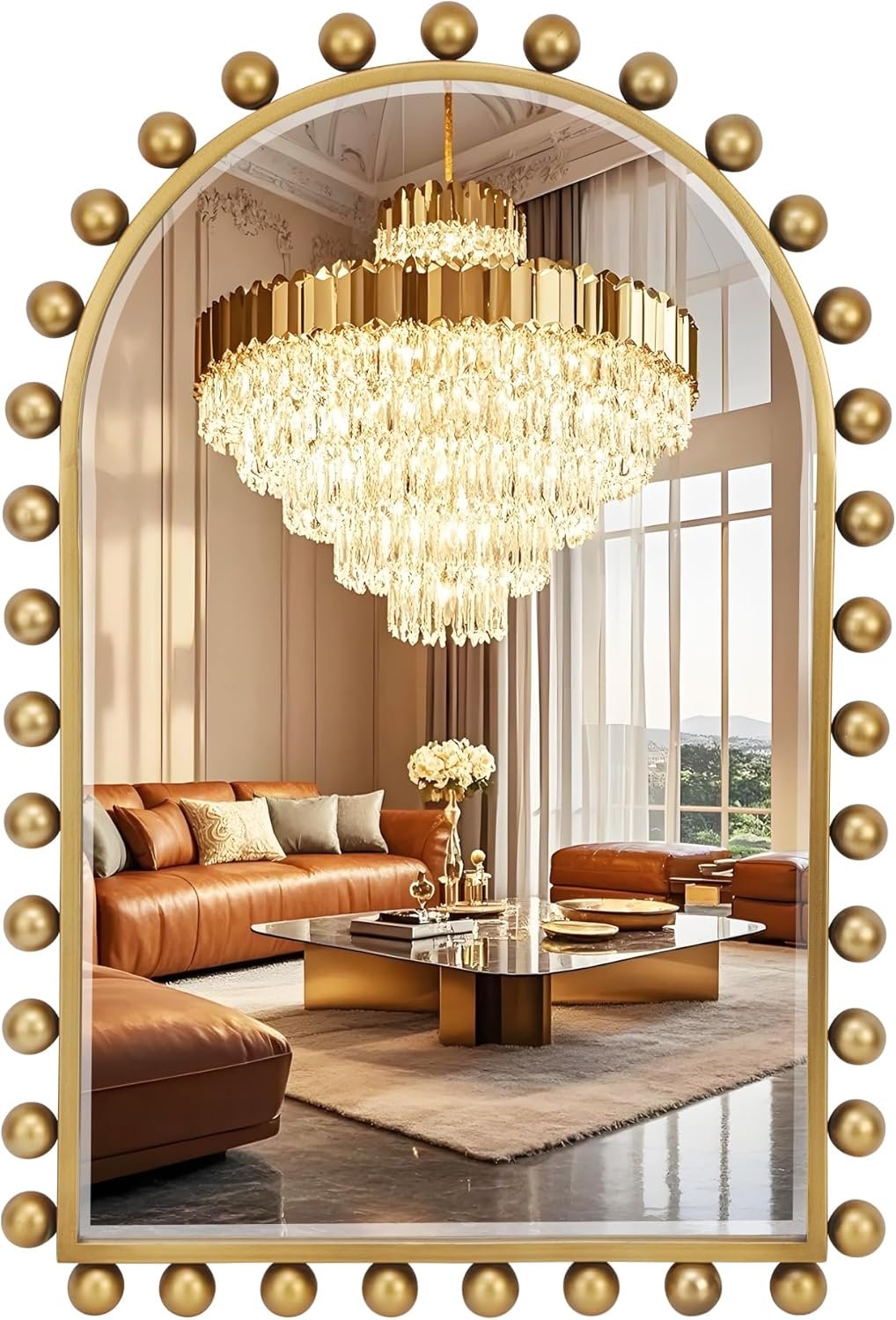 24×36 Inch Arched Wall Mirror with Antique Gold Ball Frame, Beveled Arched Decorative Wall Mirror, Vintage Gold Accent Mirror for Living Room, Entryway, Bedroom, Hallway & Over Console Decor