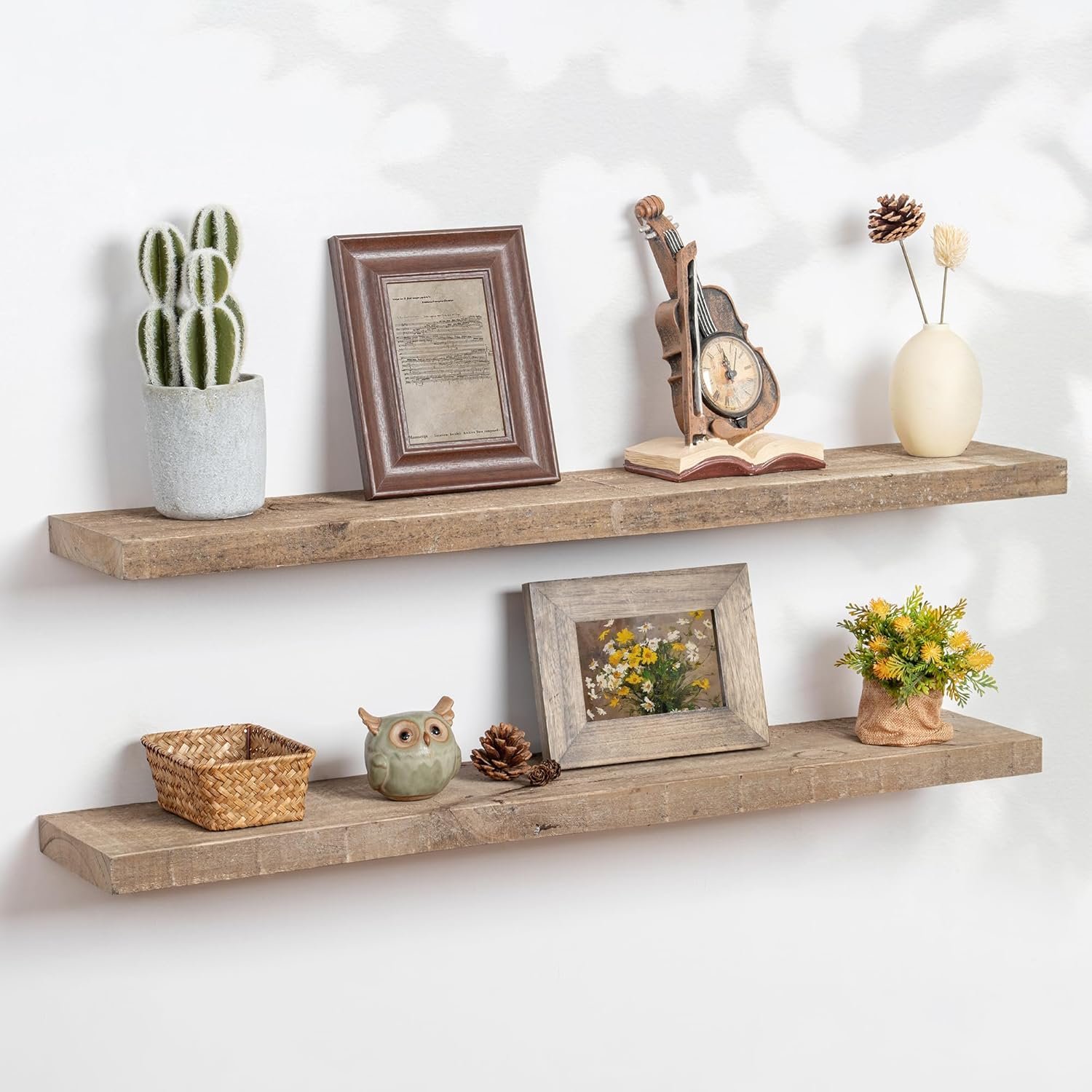 FLYJOE Floating Shelves | 8″ Deep Rustic Reclaimed Barnwood Wall Hanging Shelves with Invisible Heavy-Duty Metal Bracket | Wall Mounted | Farmhouse Style | 36 inches, 2 PCs, Distressed Natural