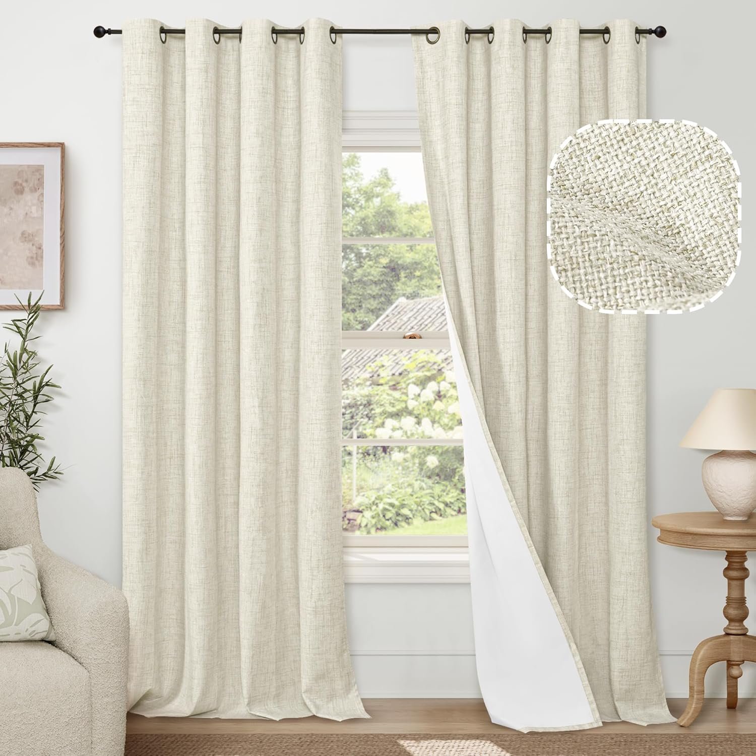 Lajode Blackout Curtains for Bedroom – Linen Black Out Curtains 84 Inch Long Thermal Insulated Burlap Grommet Window Drapes for Farmhouse Living Room Darkening, 2 Panels, Each 52″ Wide, Natural Cream