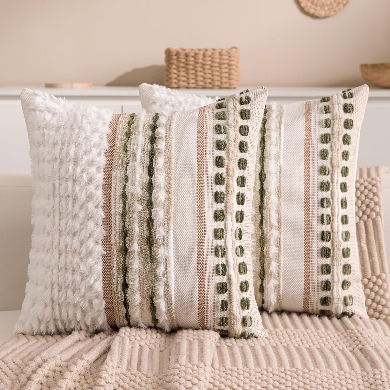 Boho Chenille Tufted Couch Throw Pillow Covers 18×18 Inch Set of 2 Farmhouse Striped Decorative Pillow Covers Accent Neutral Square Pillowcase Green Cushion Covers for Livingroom Sofa Bed