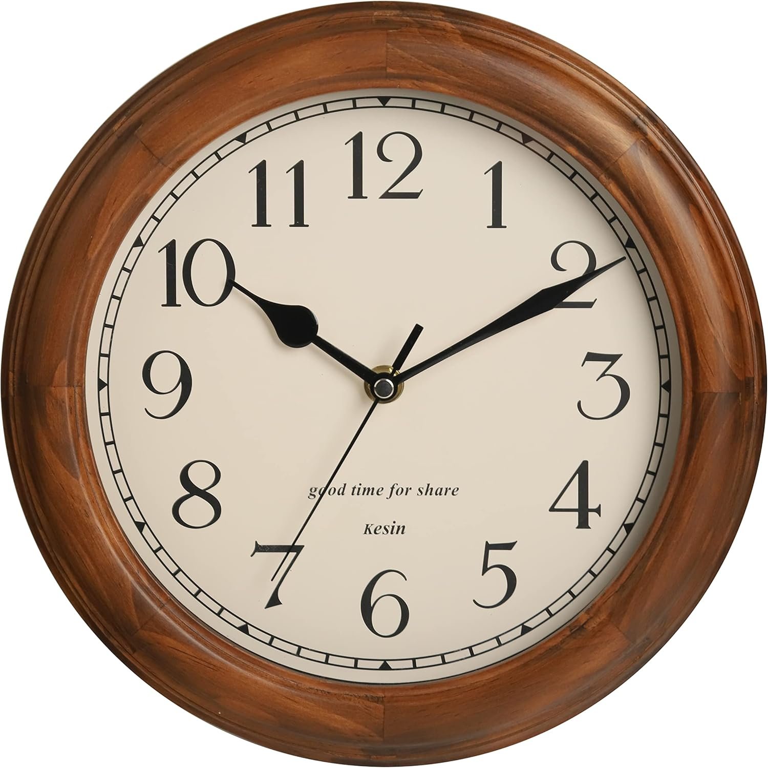 Wooden Wall Clock with Retro Design, 11 Inches Round Wall Clocks Battery Operated Silent Non-Ticking, Big Arabic Numerals, for Kitchen Living Room Classroom Gym and Pool, Brown