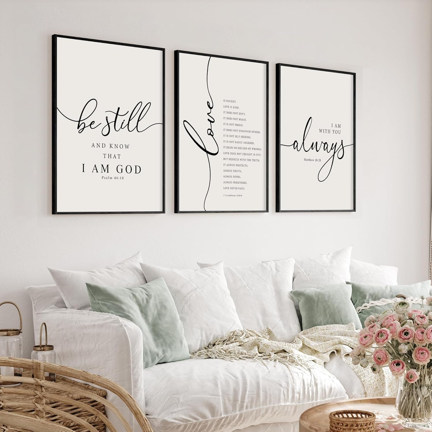 Heiple Framed Be Still and Know that I am God Sign Love is Patient Love is Kind Wall Art Set of 3 with Wooden Frame for Home Bedroom Decor Bible Verse Scripture Art Christian Religious Wall Decor (Black, 11”x14”)
