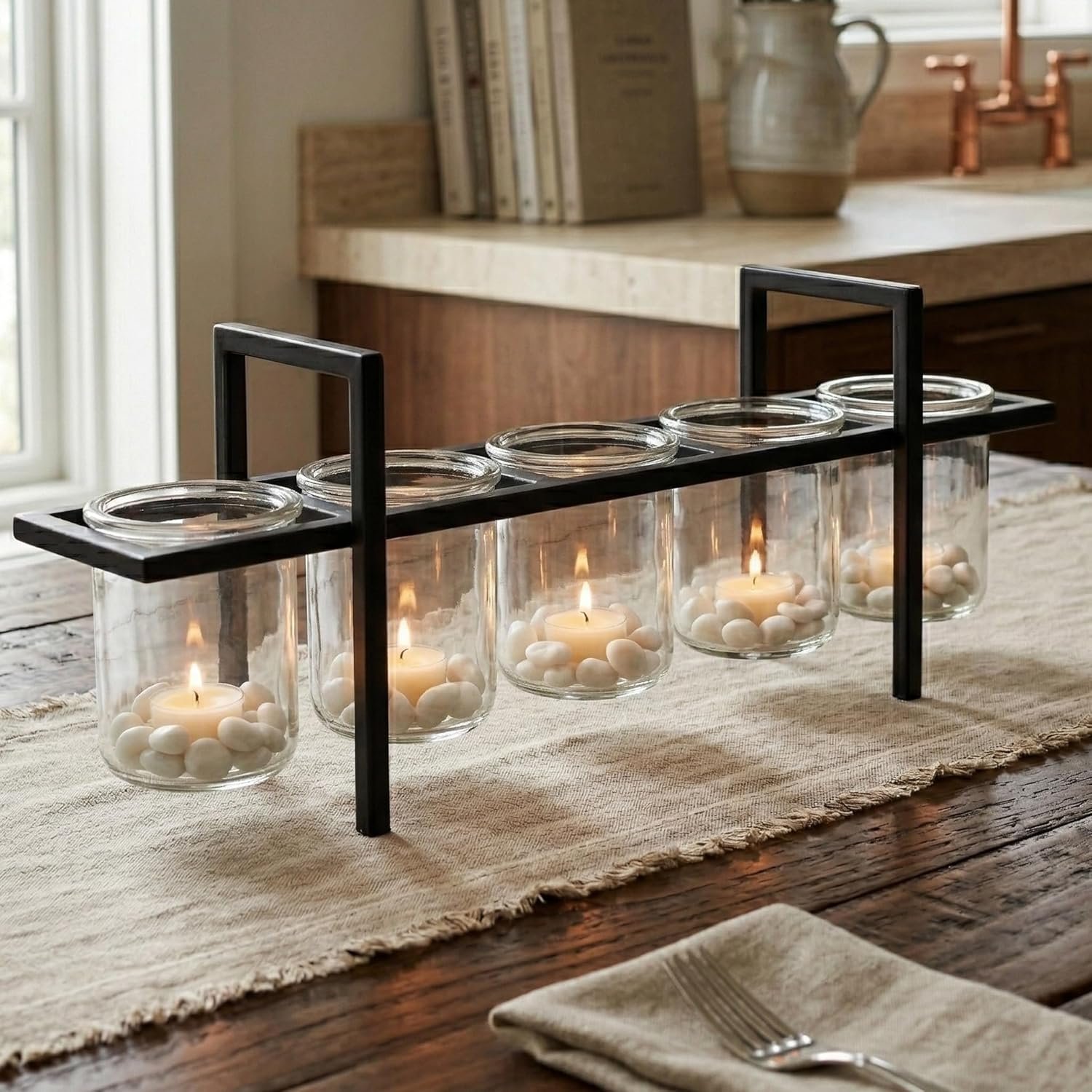 Seraphic Table Centerpieces for Dining Room – Large 16” Long Iron Metal Candle Holders with Floating Glass Cups for Tea Lights, Votives & Small Pillars – Kitchen & Fireplace Mantel Decor
