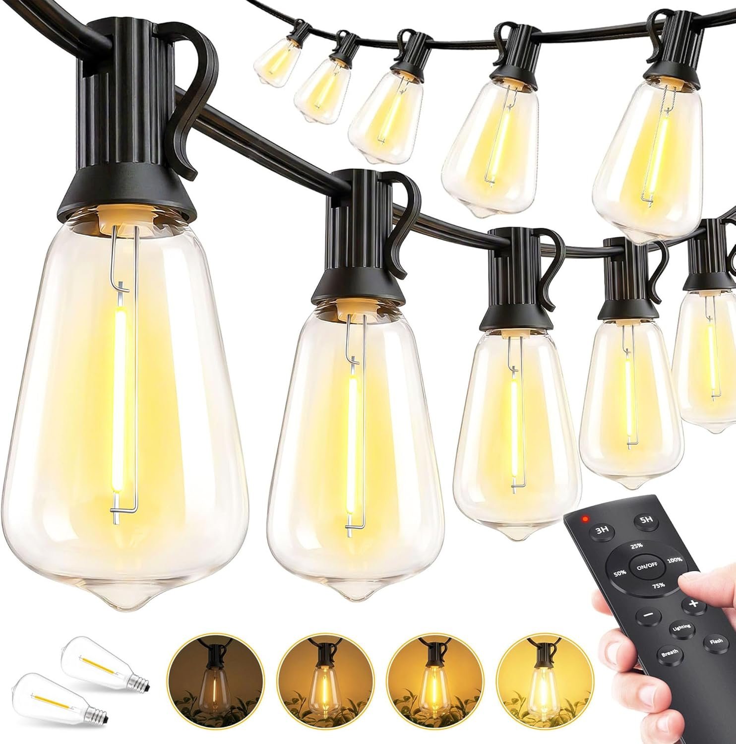 Outdoor Lights String Patio Outside – 100ft 30M LED Waterproof Light – Hanging Lighting ST38 Shatterproof Edison Bulb Deck Backyard Gazebo Balcony Party Bistro Cafe Pergola Garden Yard Porch Dimmable