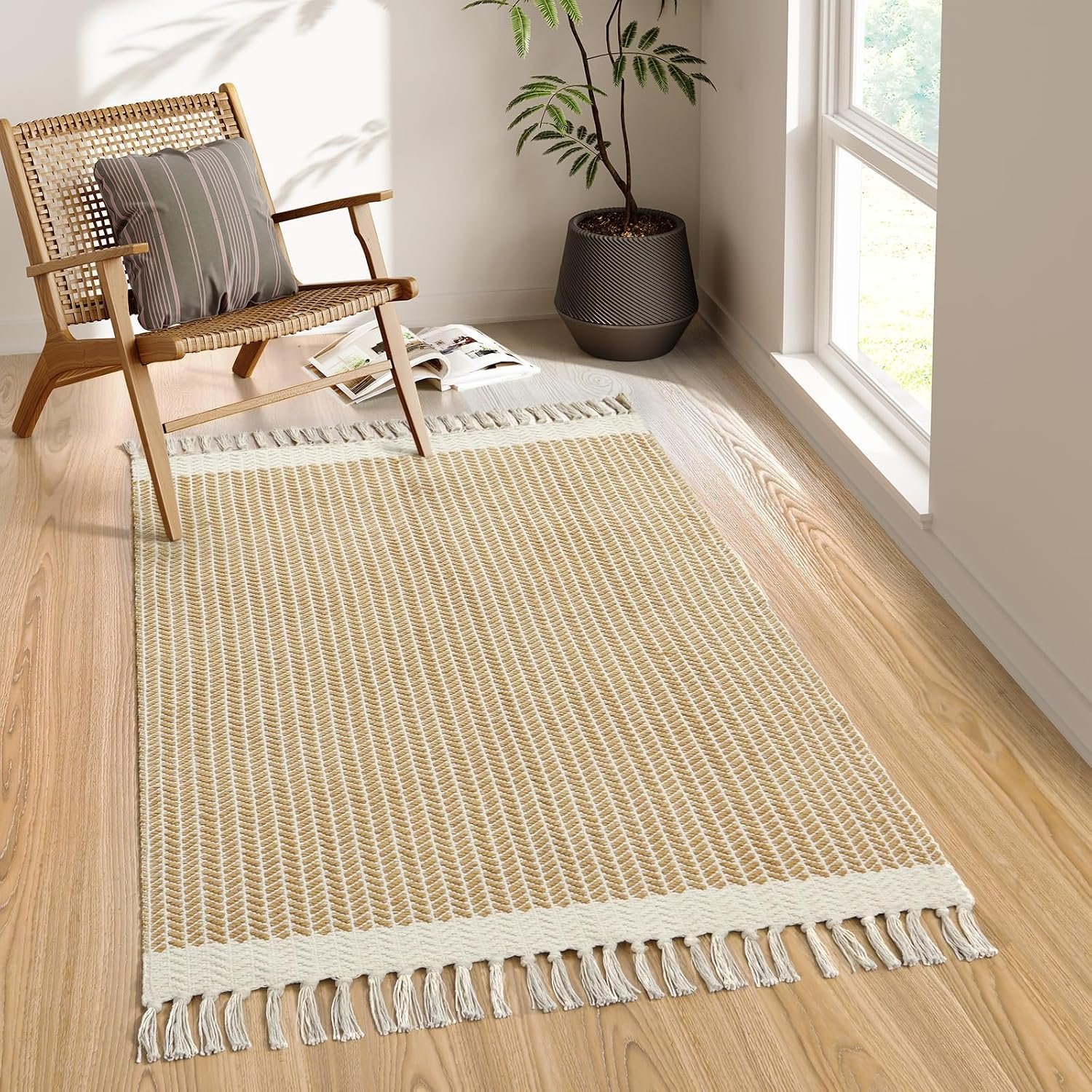 Lahome Belle Boho Rugs for Bedroom, 3×5 Bathroom Rug Lightweight Farmhouse Woven Area Rug with Tassels, Throw Rugs Washable Kitchen Rug Non Shedding Indoor Door Mats for Entryway Living Room, Khaki